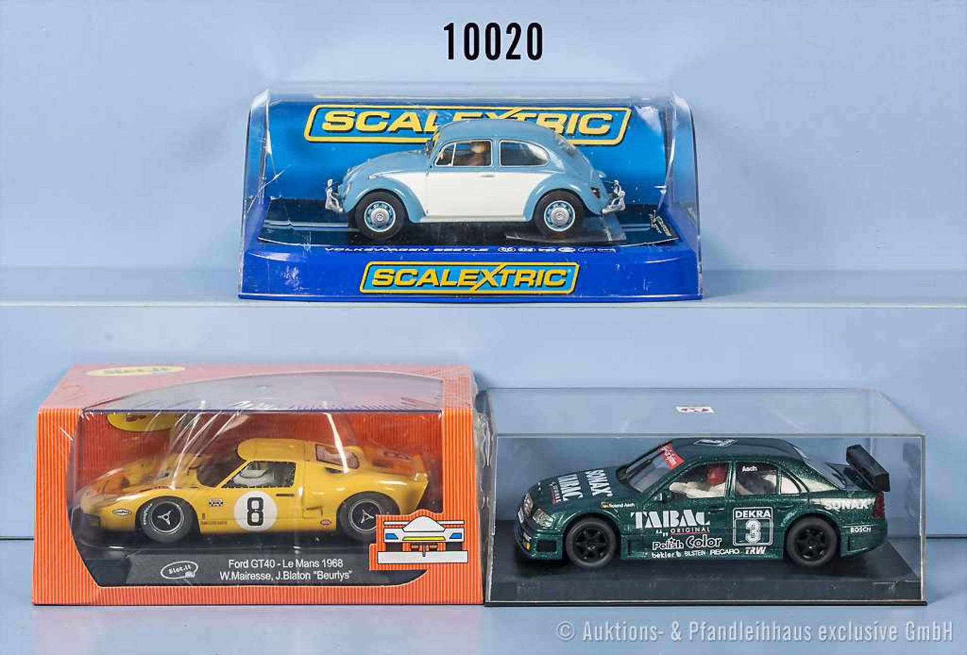 Konv. 3 Slot-Cars, dabei Scalextic VW Beetle (Kleinteile fehlen), Ninco Mercedes Rallye und Slot.