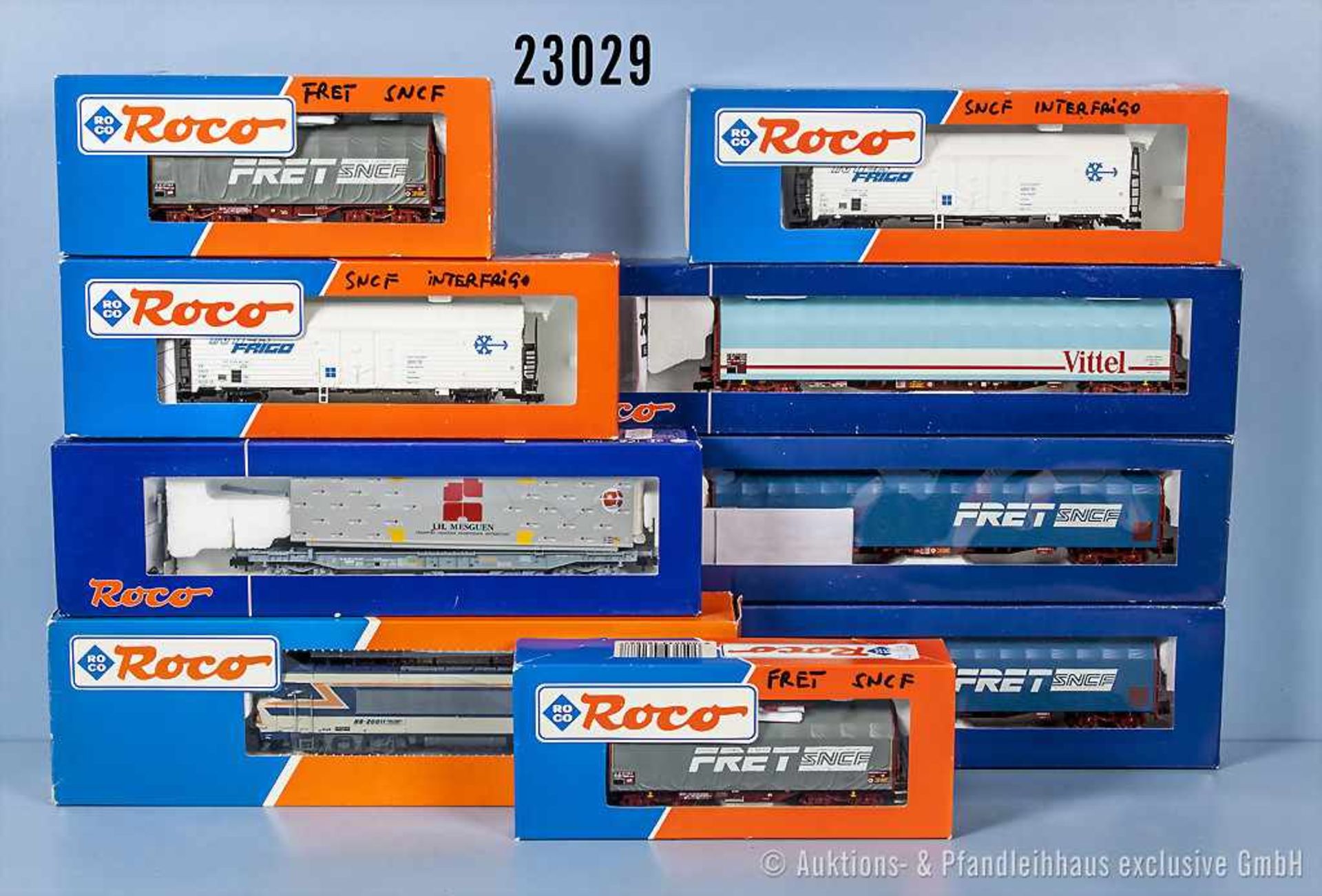 Konv. Roco H0 Güterzug, dabei 43487 E-Lok der SNCF, BN BB.20 011 sowie 5 Schiebeplanewagen, 2