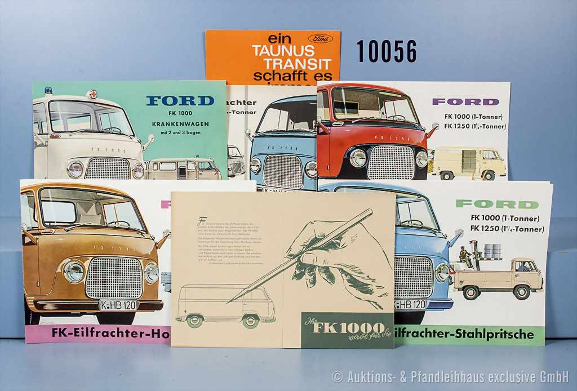Konv. 7 alte original Ford Autoprospekte, Falt- und Werbeblätter, dabei für Ford FK 1000/1250