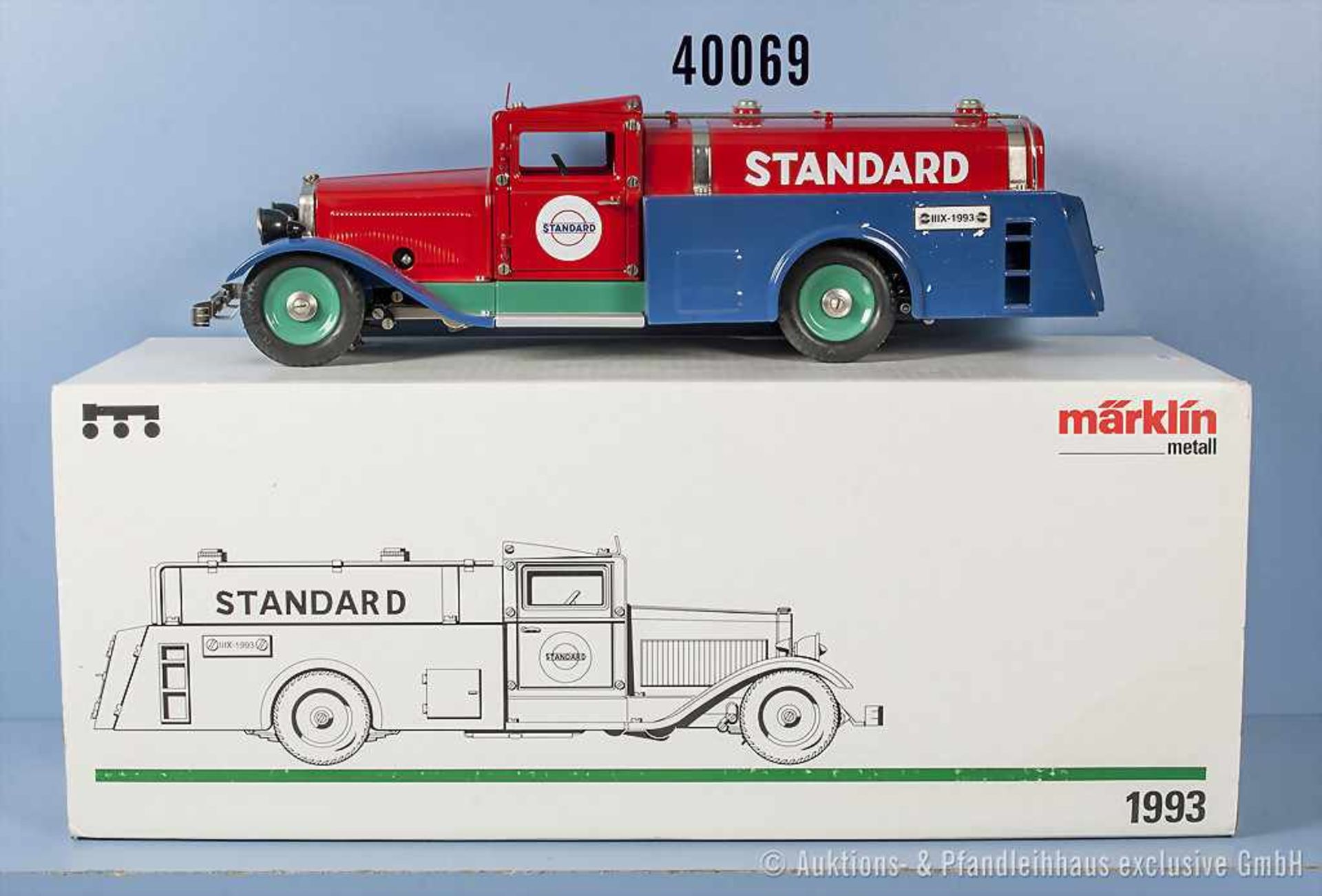 Märklin 1993 Tankwagen ESSO Standard, rot/blau lack. Blechausf., gummibereift, Uhrwerkantrieb,
