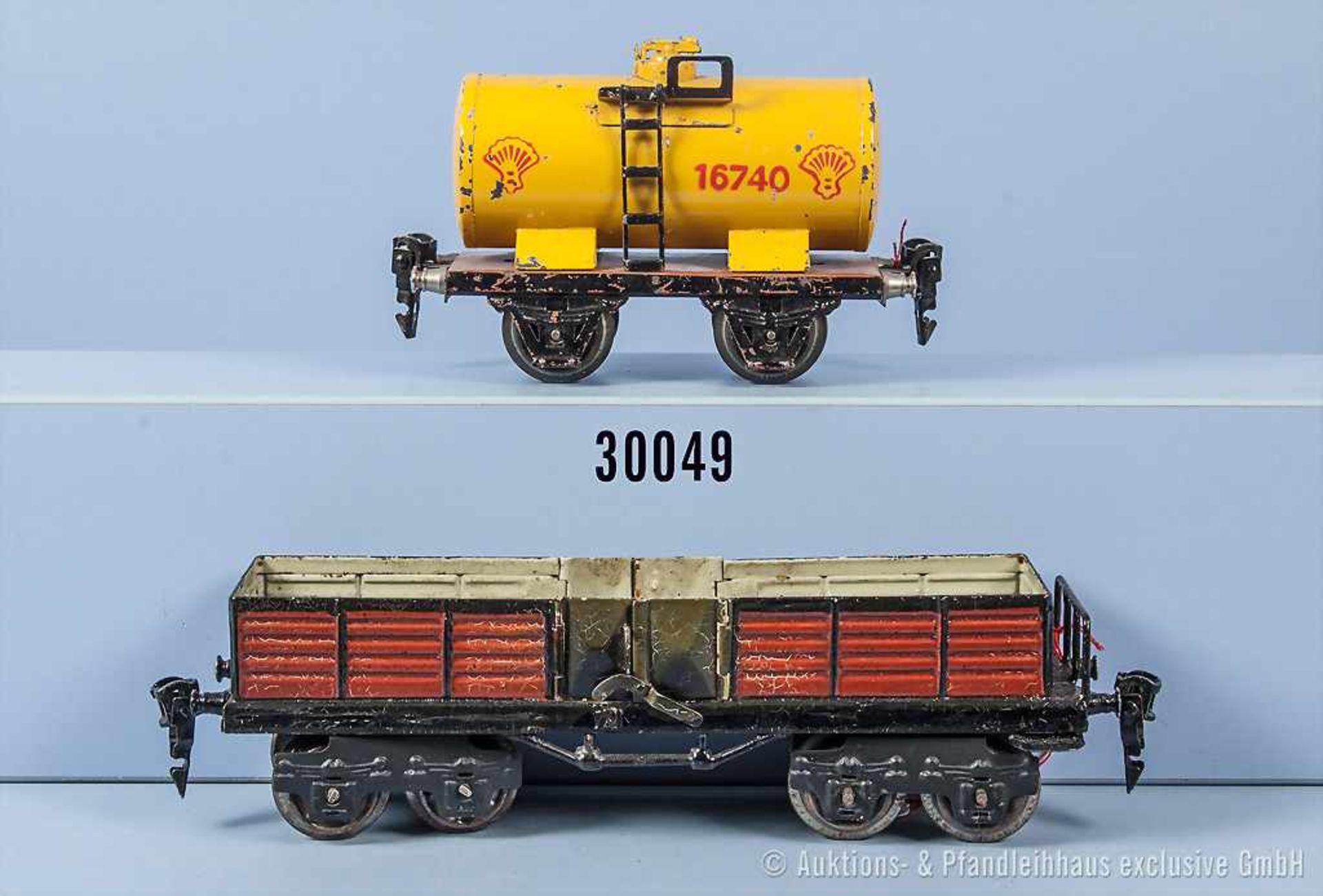 Konv. 2 Märklin Spur 0 Güterwagen, dabei 1674 Kesselwagen "Shell", 2-A und 1845 Hochbordwagen mit