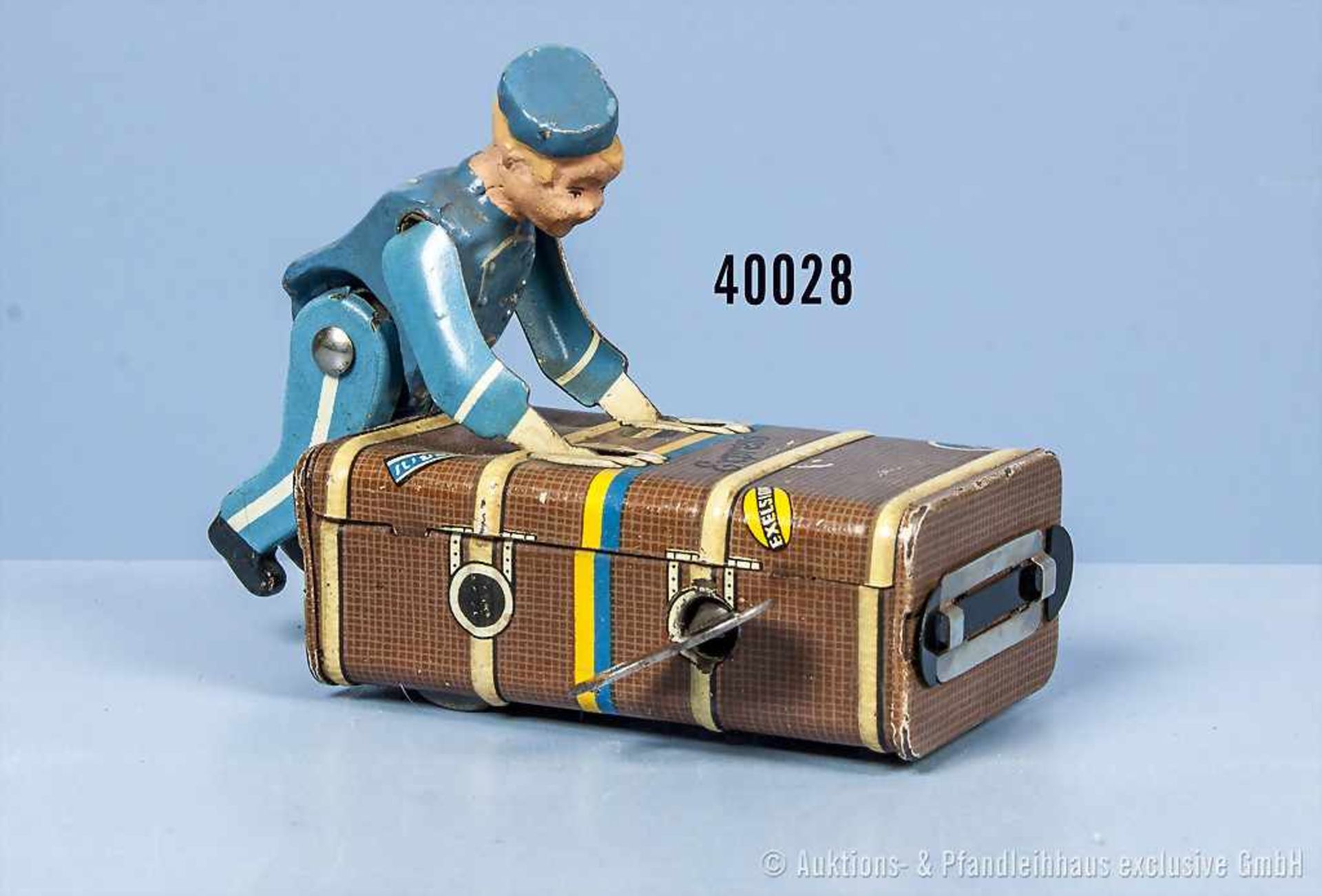 Gescha Express Kofferboy, Koffer lith. Blechausf., Figur blau h. M., L 9 cm, Uhrwerkantrieb,