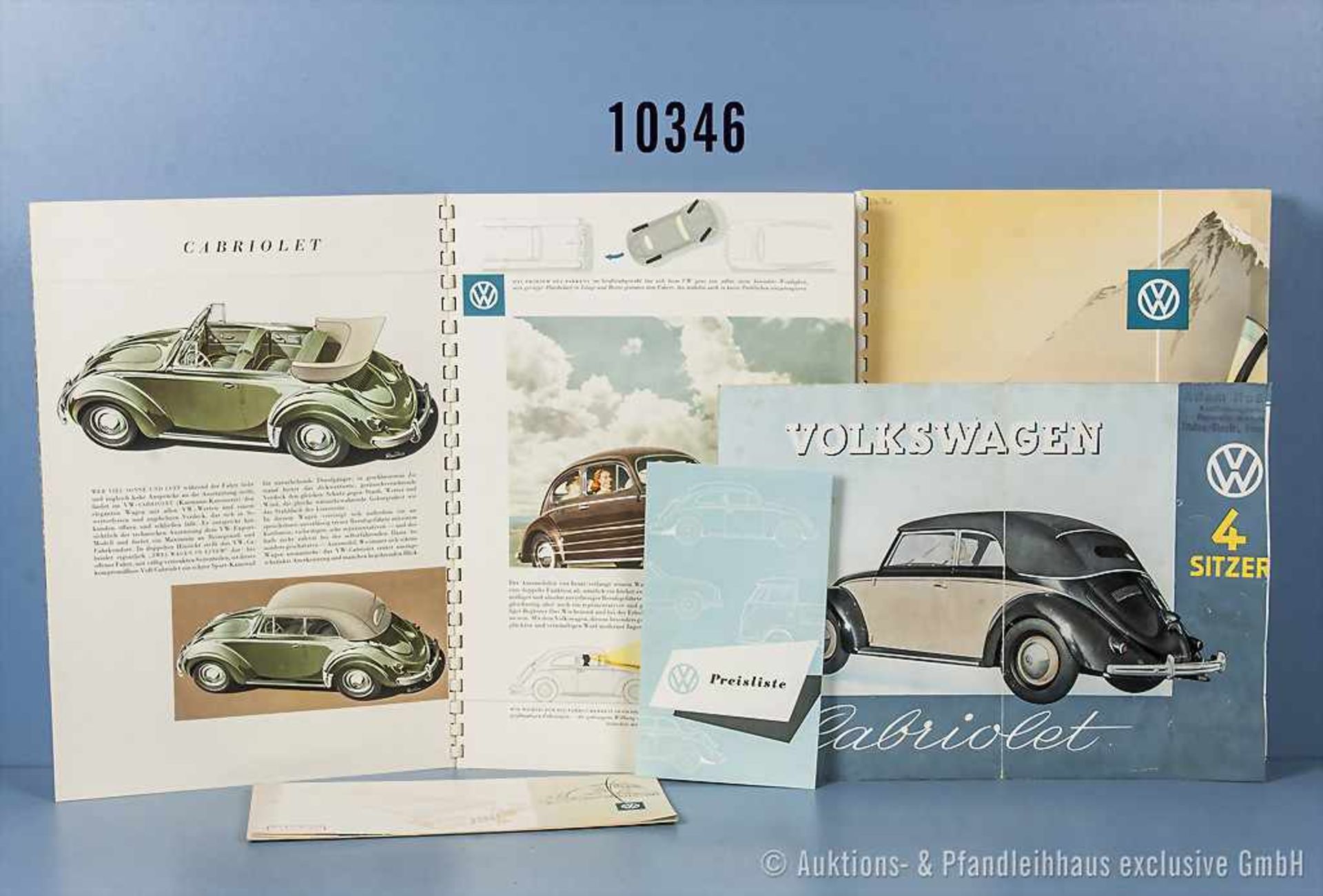 Konv. 5 alte original VW Prospekte, Falt- und Werbeblätter, dabei Preisliste 1958, VW Käfer