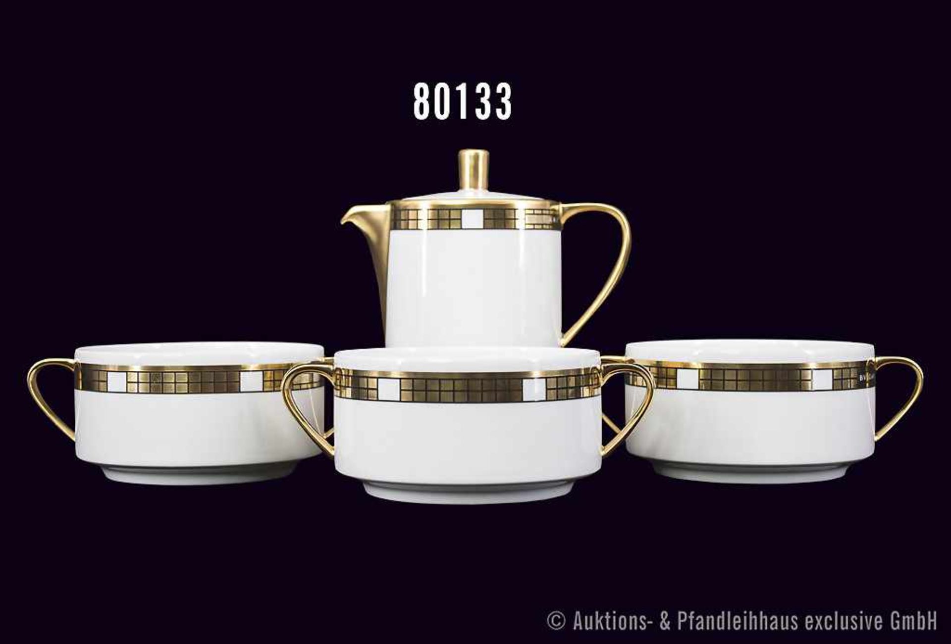 Konv. Rosenthal Porzellan, 7 Teile, Serie BULGARI, Dekor Quadri gold, dabei 3 Kaffeetassen, 3