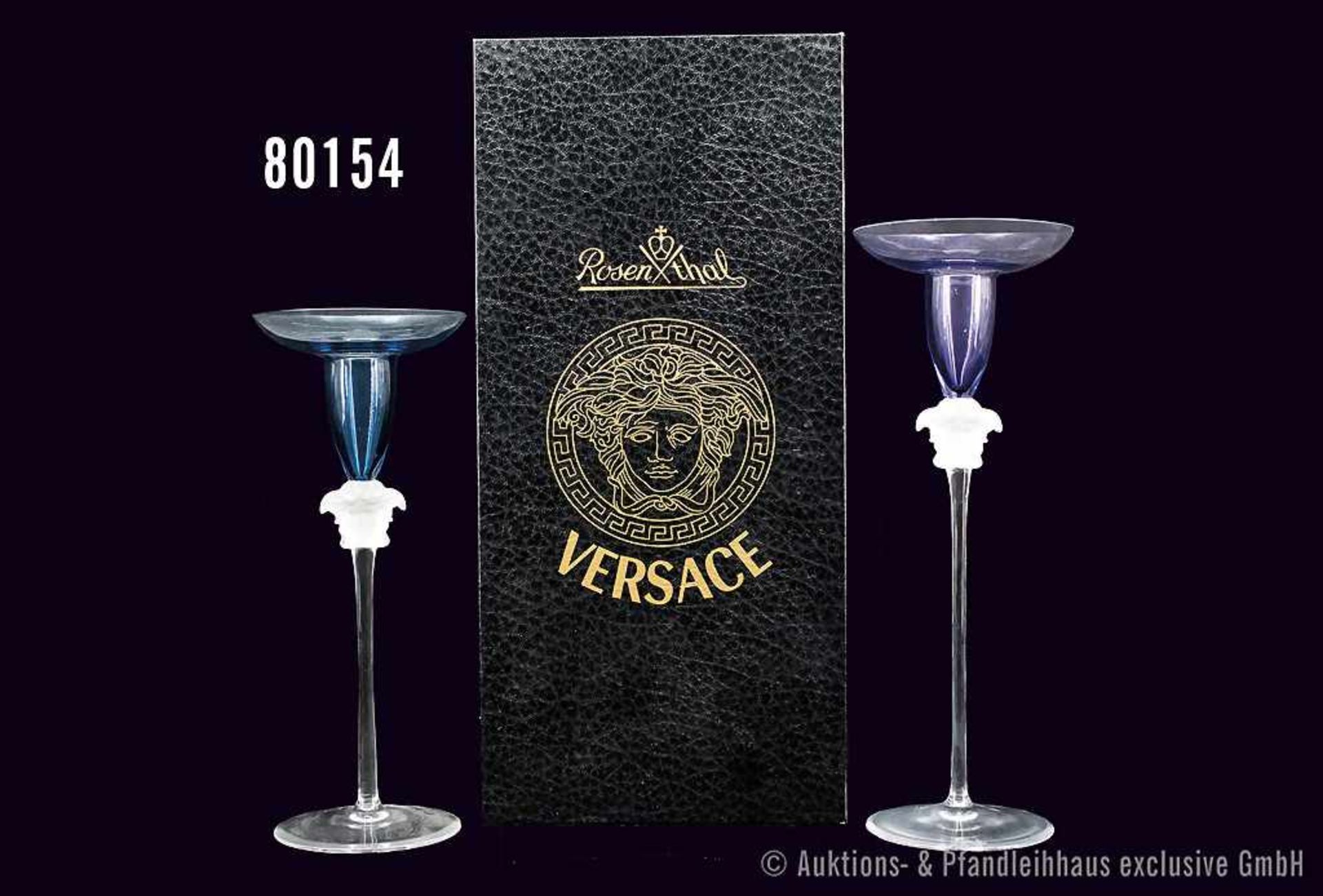 Konv. Rosenthal Glas, VERSACE, Serie Medusa Lumiere, dabei 2 Leuchter, 1 x lila und 1 x petrol,