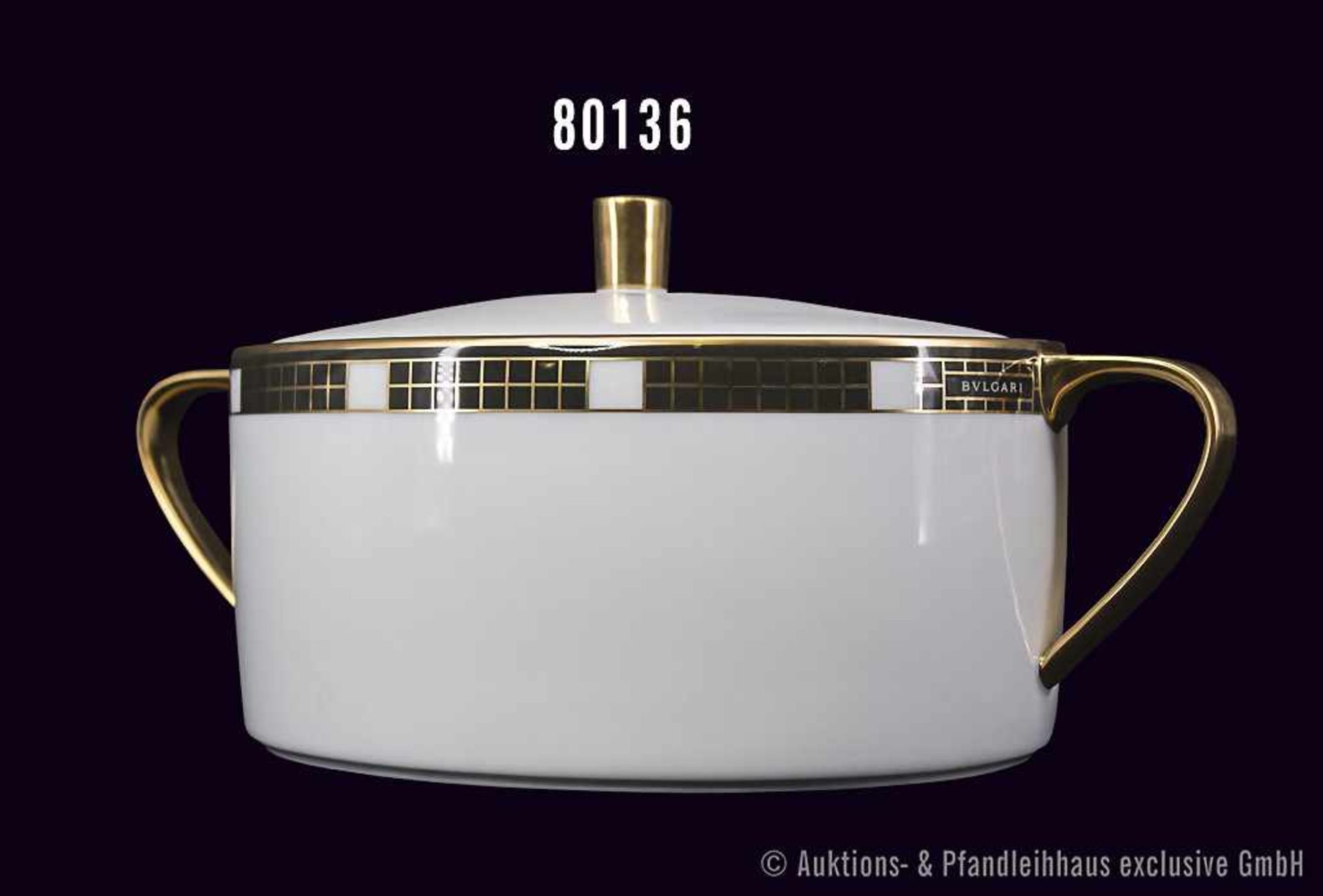 Rosenthal Porzellan, Ragout 2-teilig, Serie BULGARI, Dekor Quadri black, gold eingefasst,