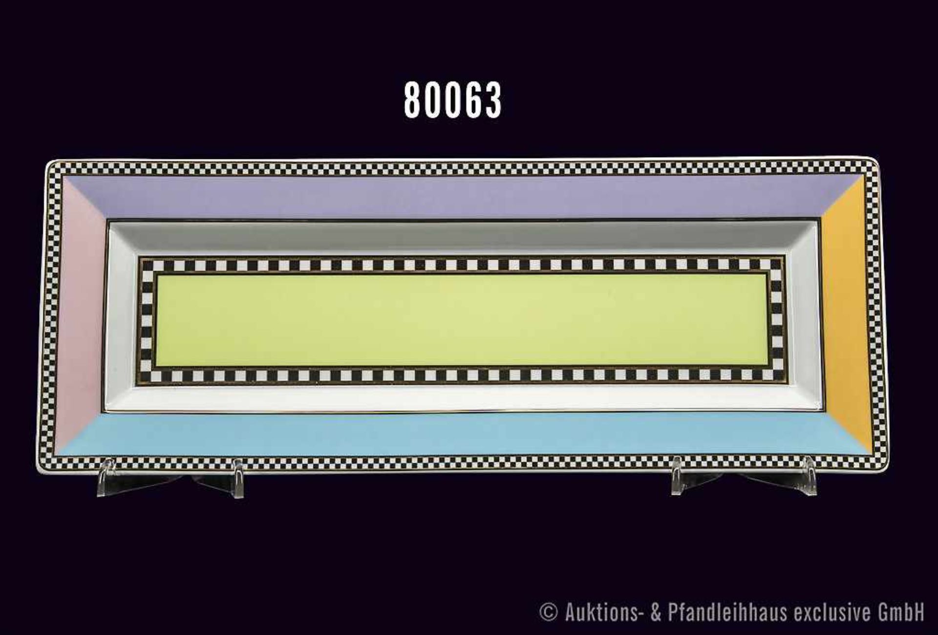 Rosenthal Porzellan, Platte, Serie Memphis, Pastellstreifen mit schwarz-weißem Karoband, L 39 cm,