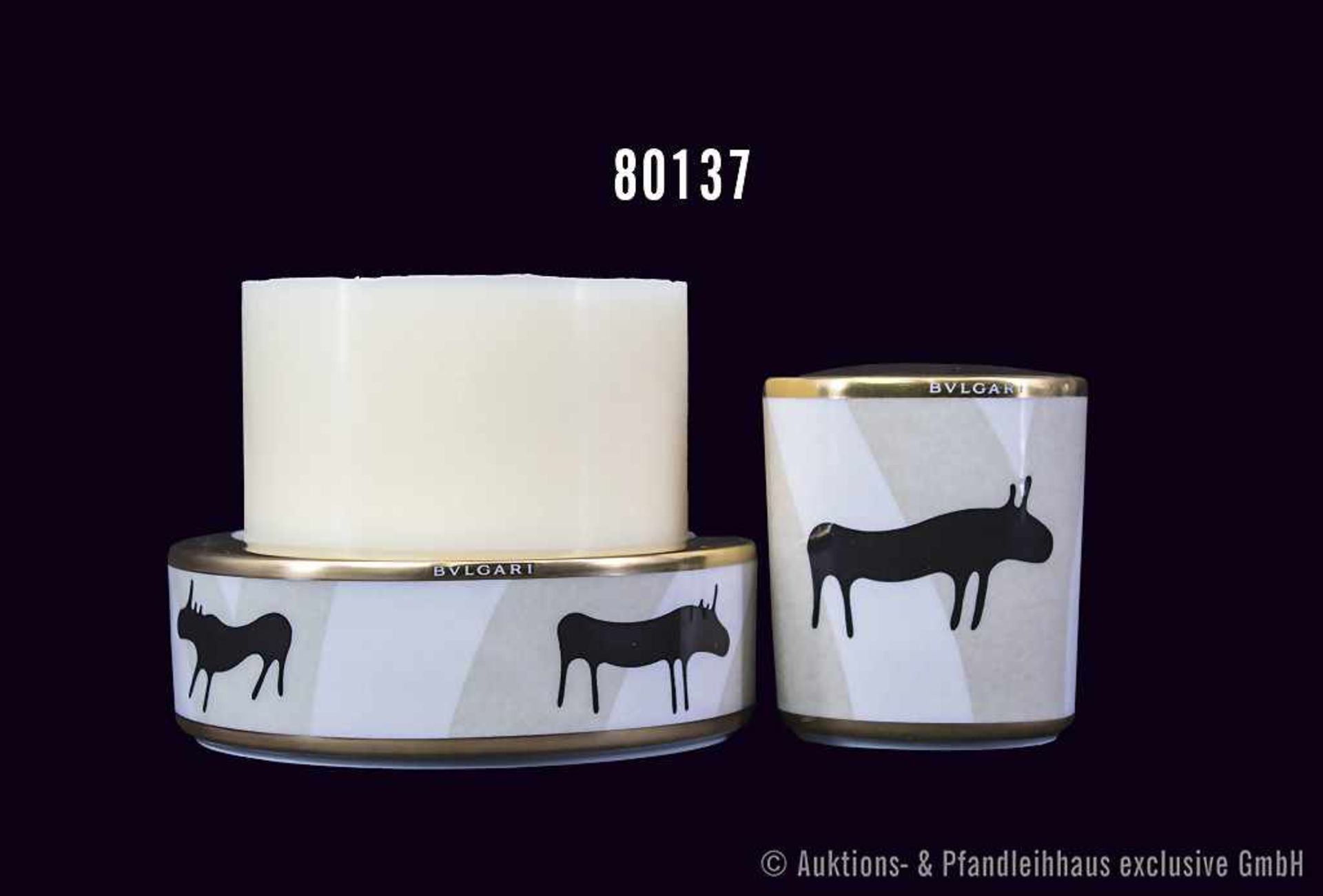 Rosenthal Porzellan, 2 Leuchter, Serie BULGARI, Dekor Pascolo Rupestre, Goldrand, schwarze Stiere