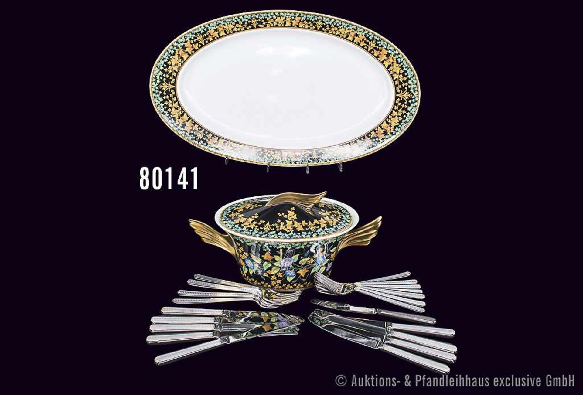 Konv. Rosenthal Porzellan, 23 Teile, VERSACE, dabei Ragout 2-teilig und Fischplatte L 52 cm, Serie