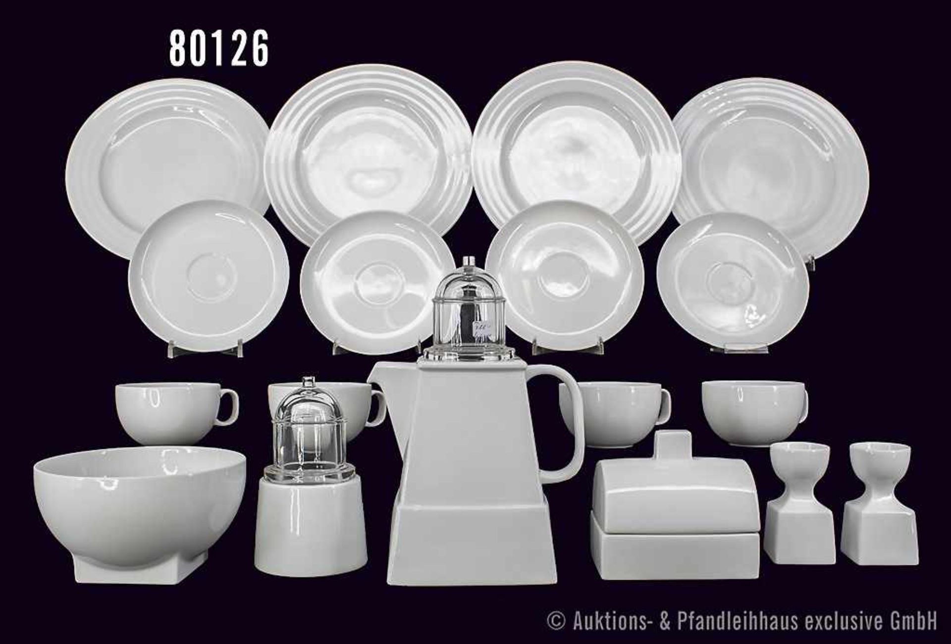 Konv. Rosenthal Porzellan, 31 Teile, Serie II Faro, weiß in weiß, dabei 1 Glasdeckel für Teekanne, 6
