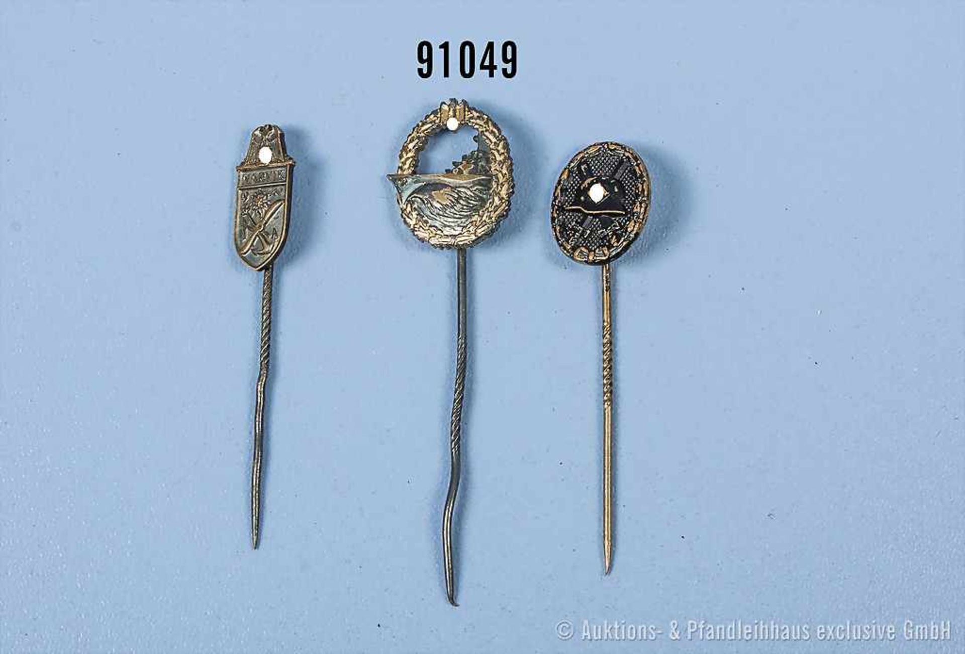 Konv. 3 Miniaturen, Zerstörer-Kriegsabzeichen, Narvikschild und VWA in Schwarz, guter Zustand,