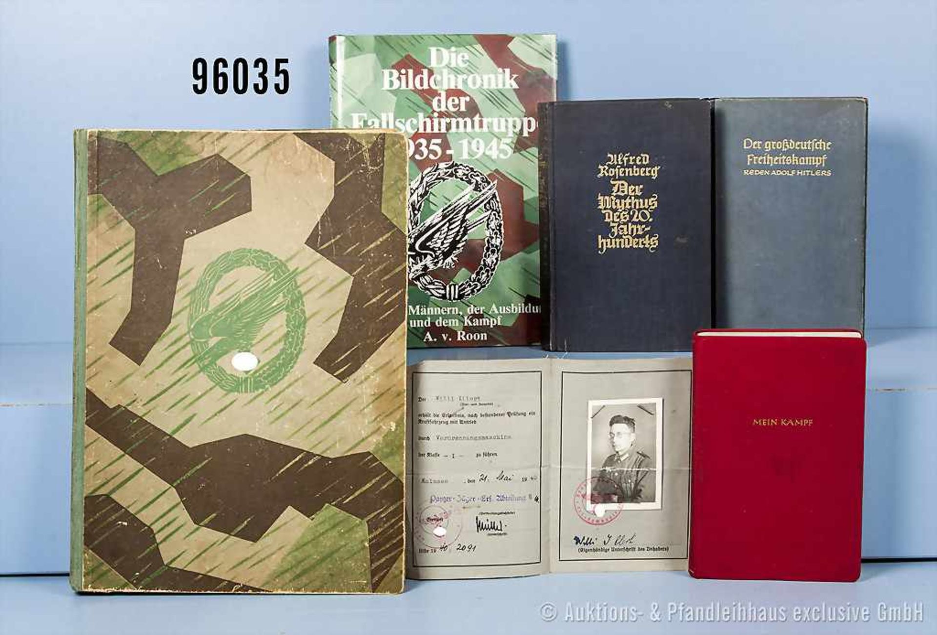 Konv. 5 Bücher, Adolf Hitler "Mein Kampf", rote Leinenausgabe von 1940, "Der Mythus des 20.