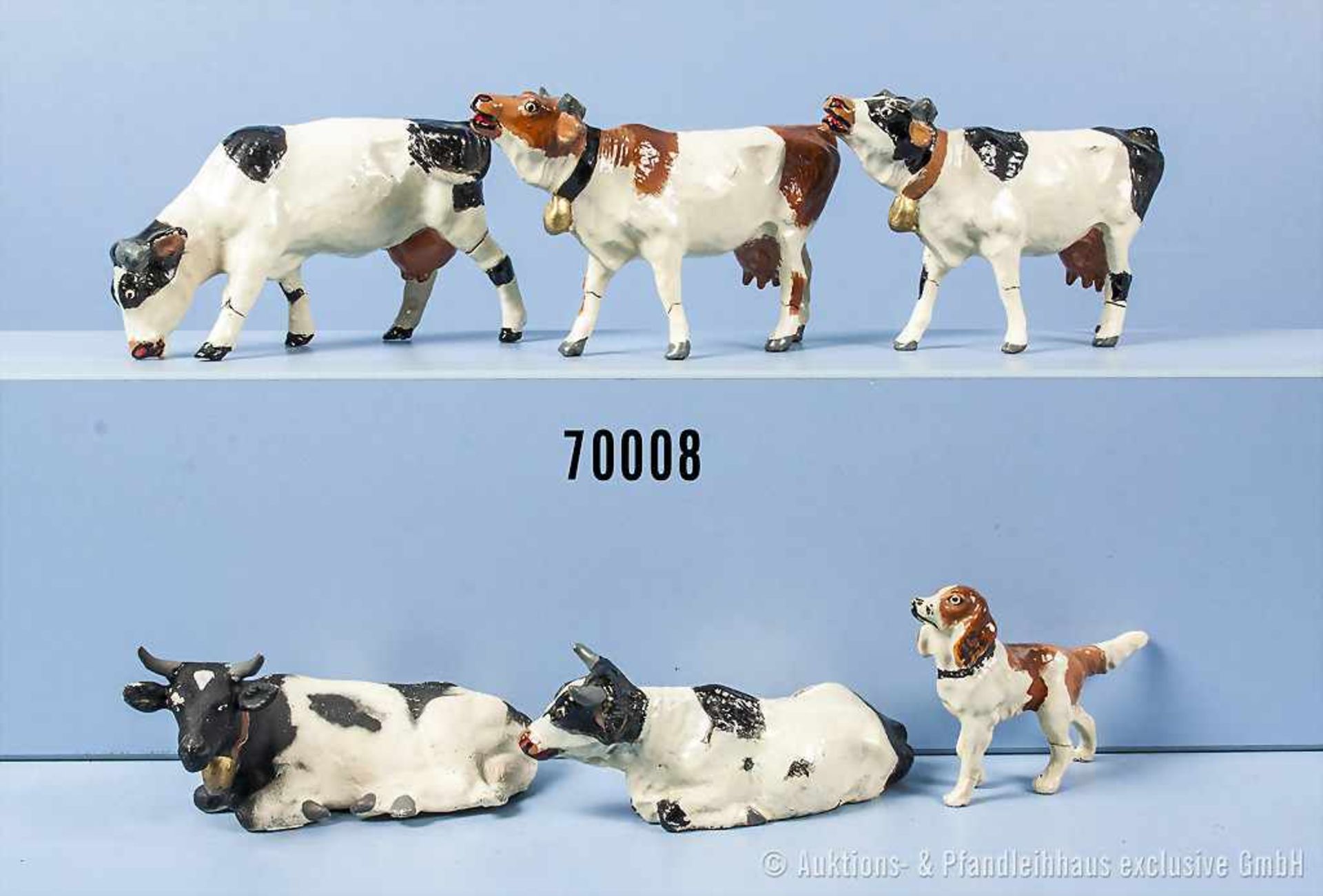 Konv. 5 Kühe und 1 Hofhund, h. M., teilweise versch. Darstellungen, H bis 7 cm, überwiegend neu