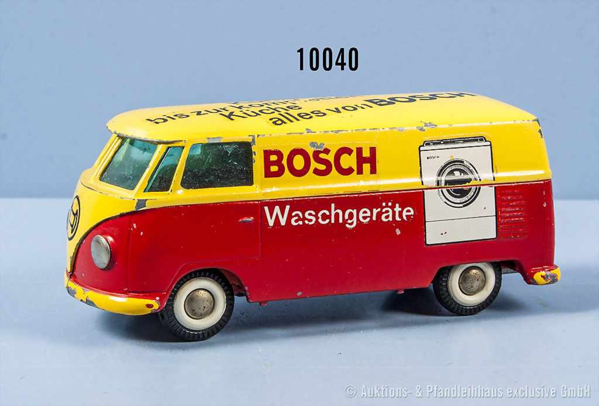 Tekno VW-Bus "Bosch", zweifarbig lack. Metallgußausf., M 1:43, gummibereift, teilweise Lackfehler,