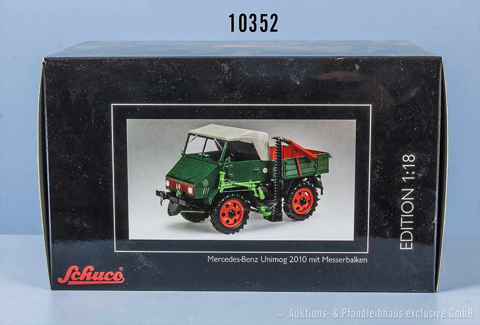 Schuco Nr. 00145 Mercedes-Benz Unimog 2010 mit Messerbalken, lack. Metallausf., M 1:18, sehr guter