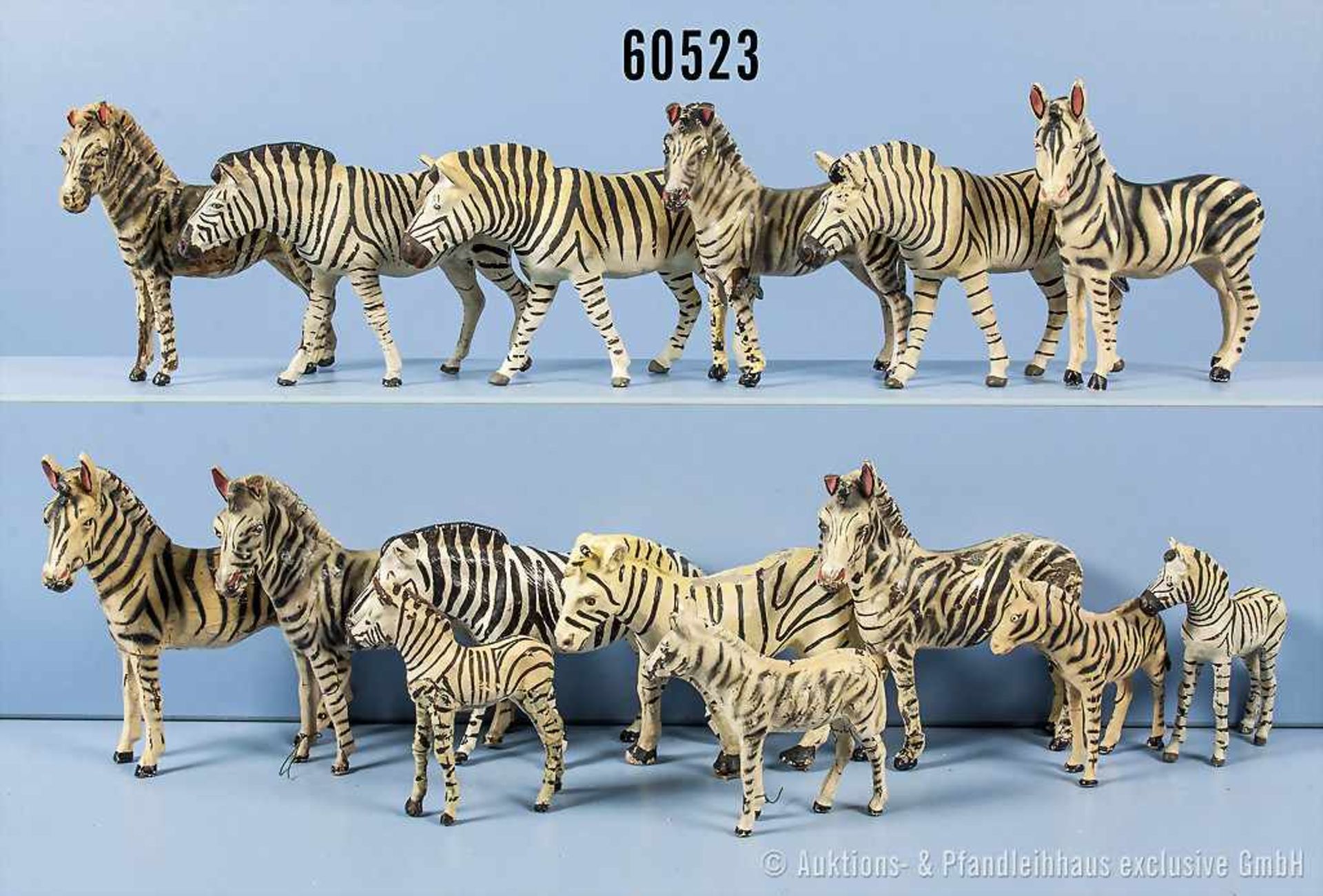 Konv. 15 Lineol/Elastolin Zebras, dabei auch Jungtiere, teilweise versch. Darstellungen, h. M., H