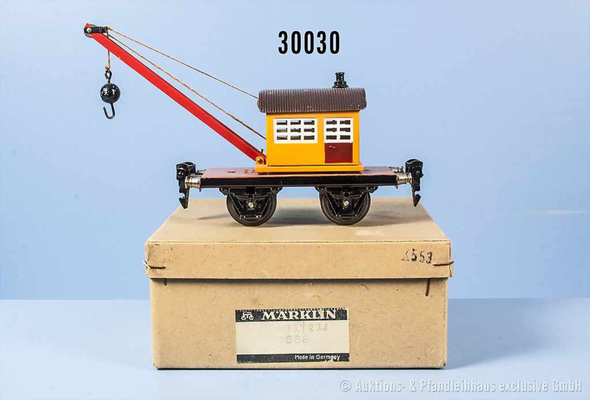 Märklin Spur 0 1668 Kranwagen, chromlith. Blechausf., 2-A, L 13 cm, Zustand 0-1, in OVP, made in