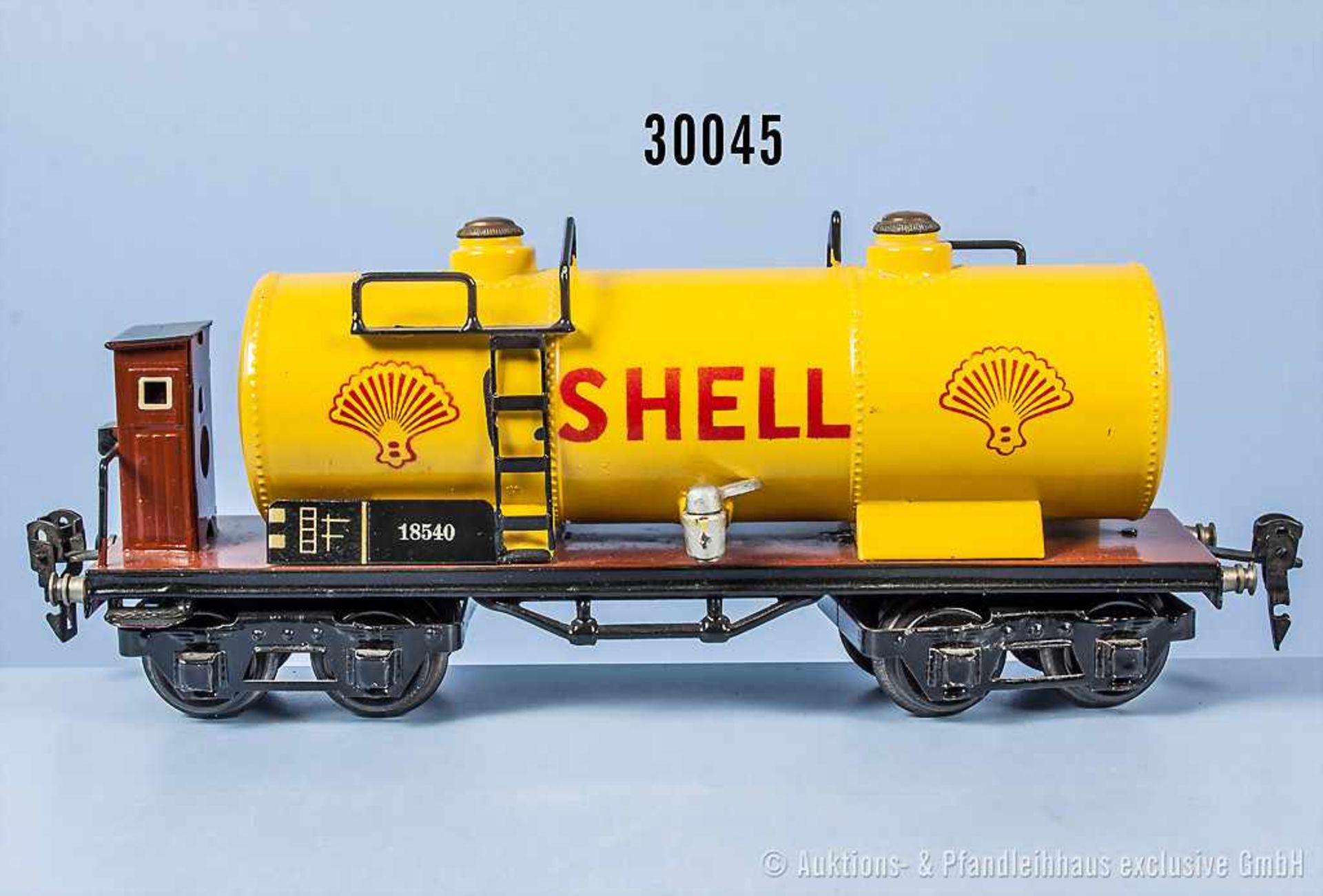 Märklin Spur 0 1854 S Kesselwagen "Shell" mit Bremserhaus, lack. Blechausf., 4-A, L 24,5 cm, Zustand