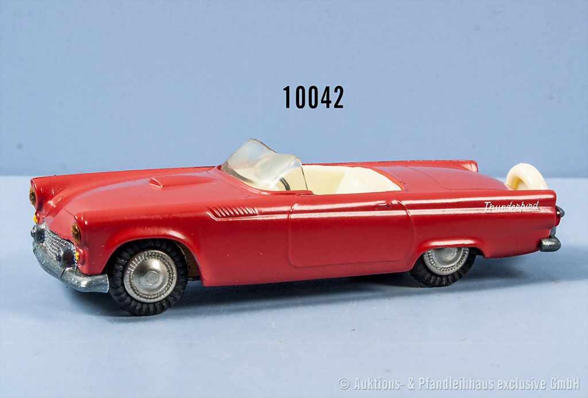 Tekno Ford Thunderbird, rot lack. Metallgußausf., M 1:43, gummibereift, Windschutzscheibe altersbed.