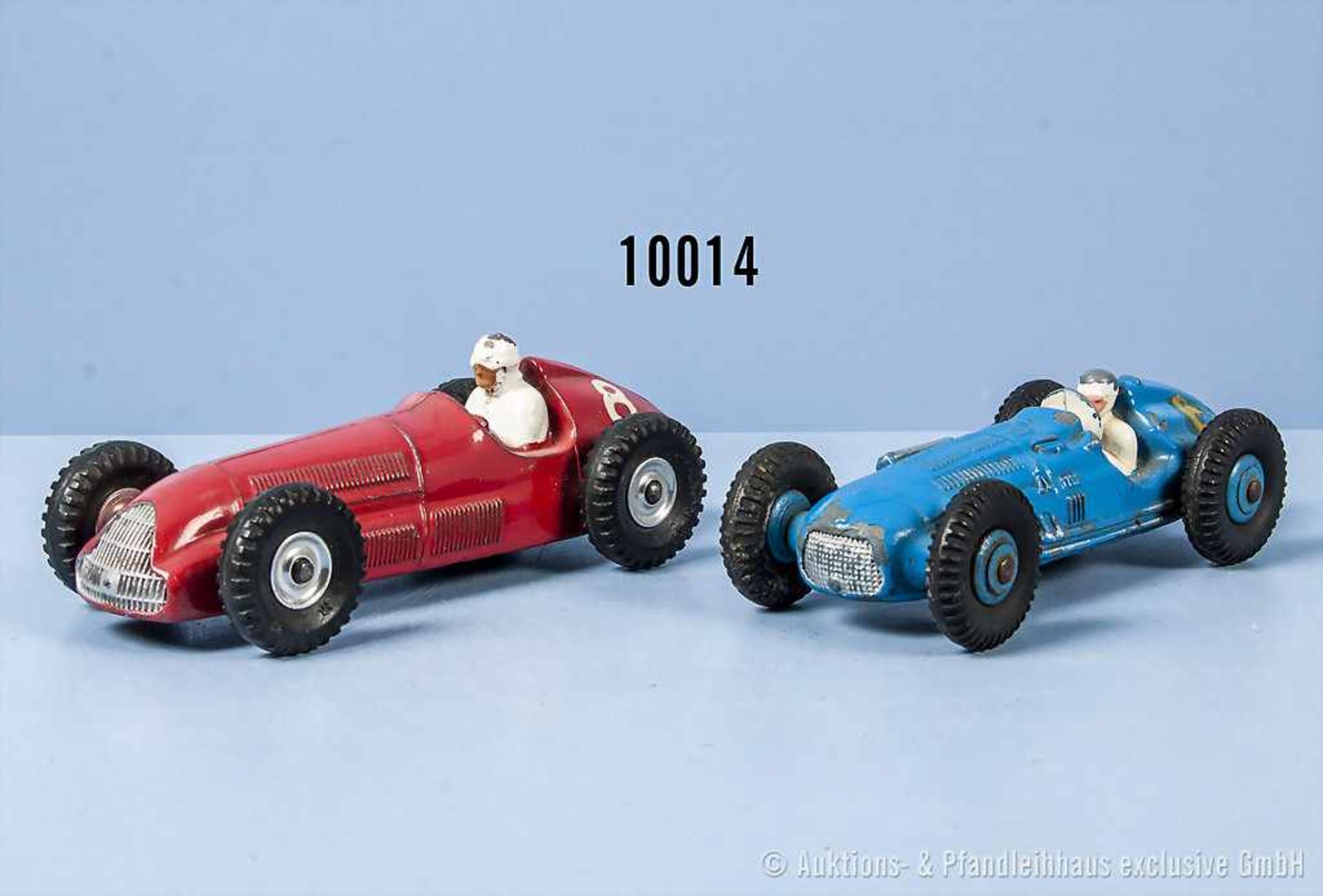 Konv. 2 Dinky Toys Rennwagen, 23H Talbot Lago und 232 Alfa Romeo, blau und rot lack. Metallgußausf.,