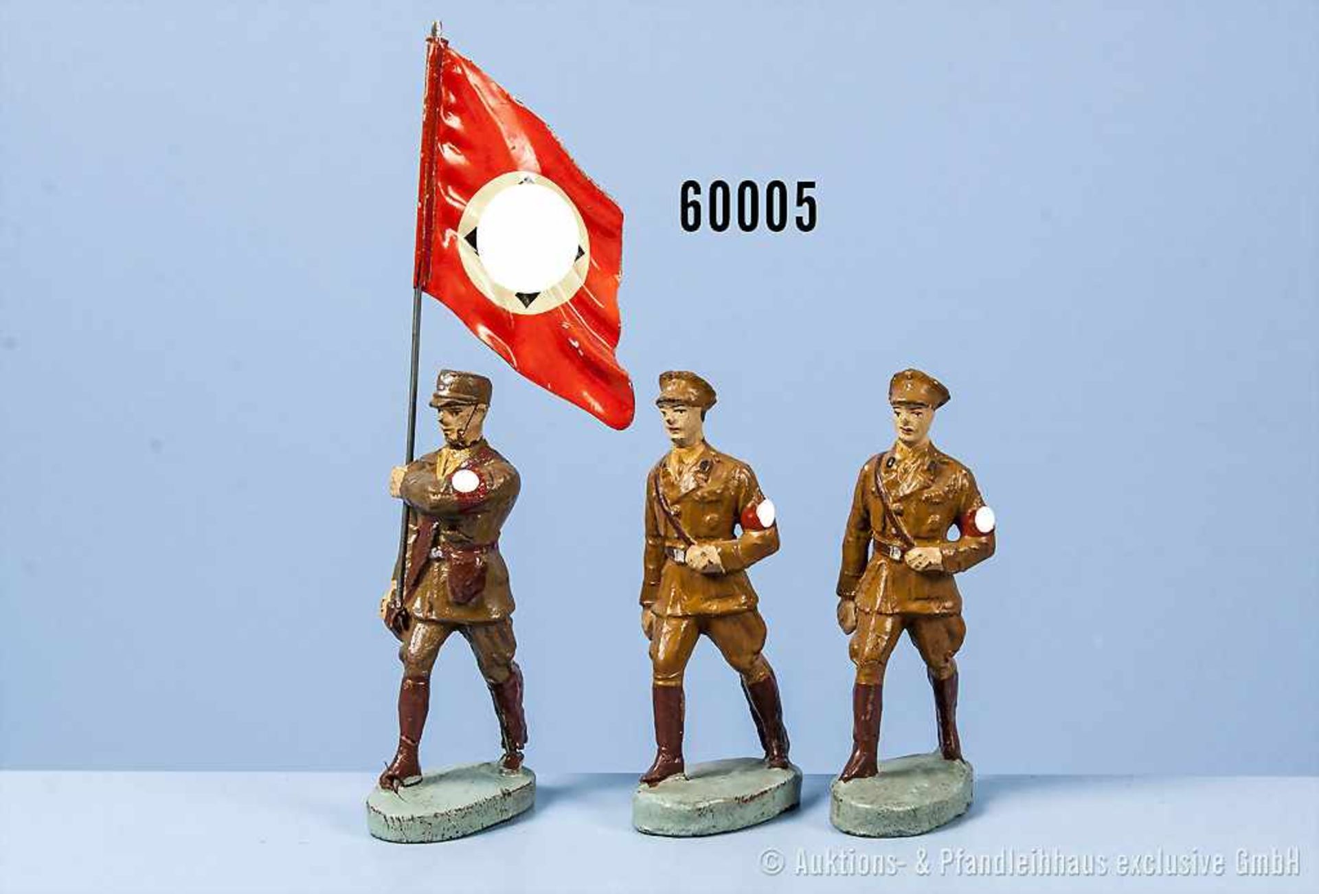 Konv. 3 Elastolin SA-Männer im Marsch, dabei 1 Fahnenträger, h. M., 7 cm Serie, Fahne lith.