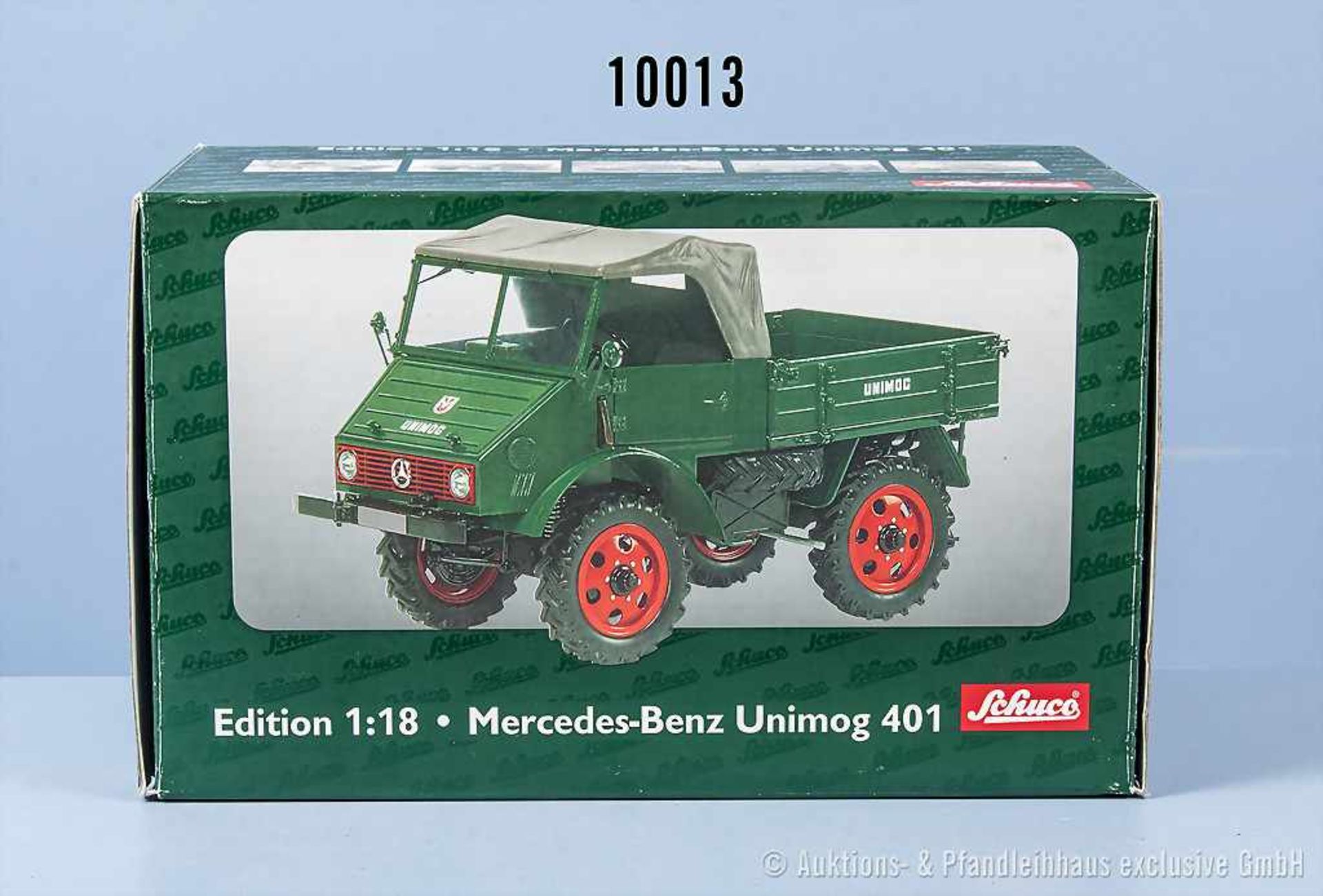 Schuco Mercedes-Benz Unimog 401, grün lack. Metallausf., M 1:18, neuwertiger Zustand in OVP