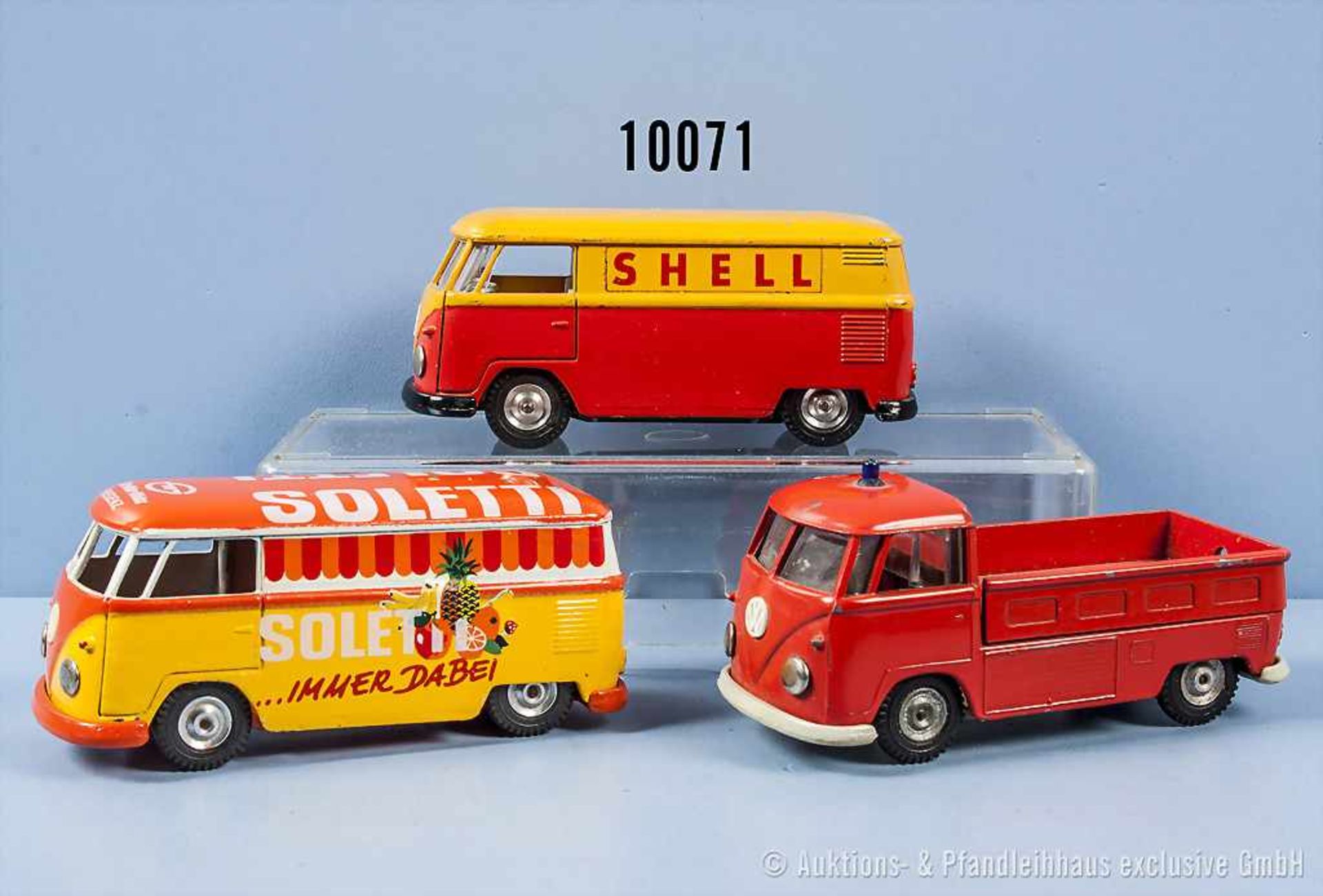 Konv. 3 Gama VW-Busse, dabei 1 VW-Pritsche, lack. Metallgußausf., M ca. 1:43, gummibereift,