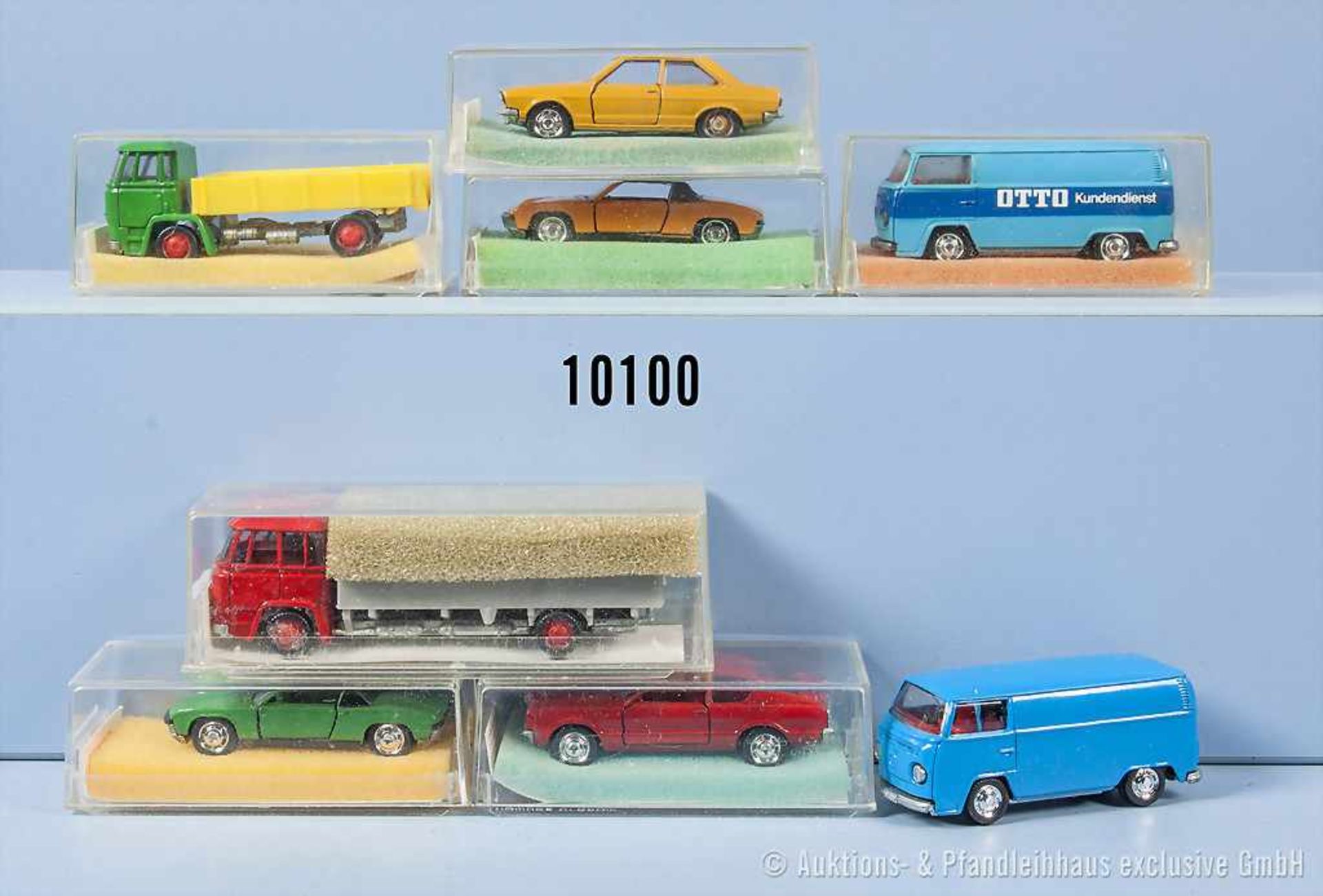 Konv. 8 Schuco Modellfahrzeuge, dabei 2 x VW-Porsche (Varianten), Ford Taunus, Büssing Kipper,