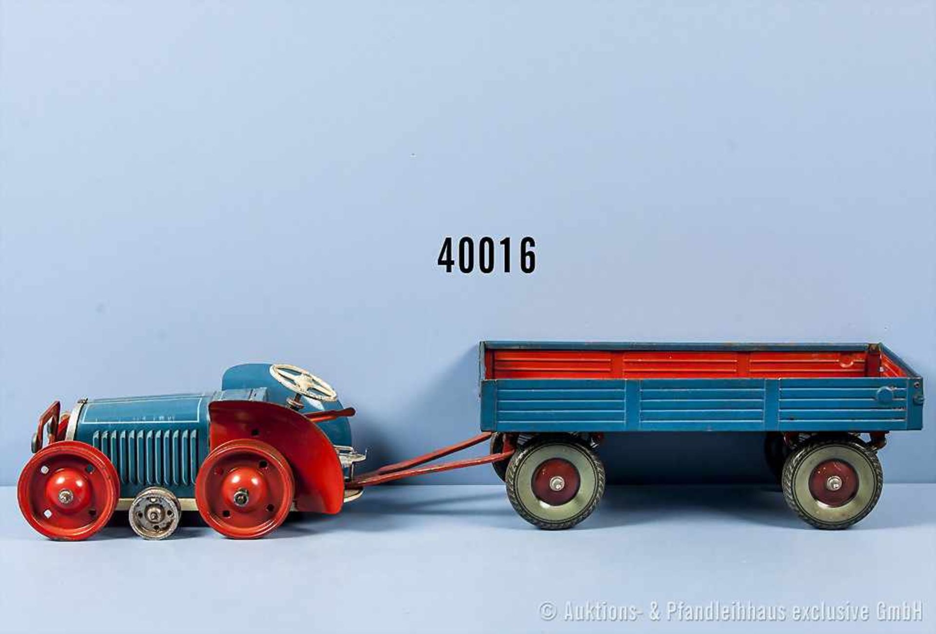 Gescha Raupenschlepper mit Anhänger, blau/rot lith. Blechausf. mit Uhrwerkantrieb und Start/