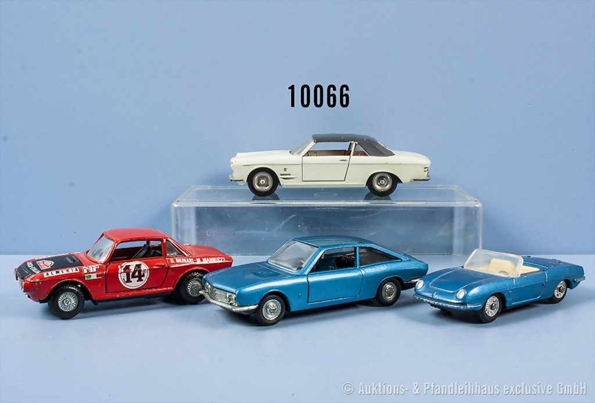 Konv. 4 Modellfahrzeuge, Politoys Isuzu 117 Sport, Mercury Fulvia Coupe, Mercury Fiat 850 und Solido