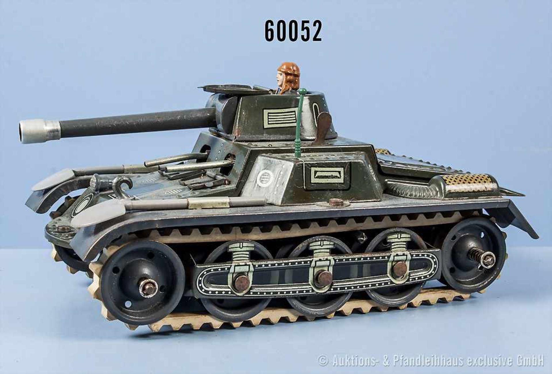 Gescha Panzer 65-6, feldgrau lith. Blechausf. mit Uhrwerkantrieb, Start/Stophebel, Bordwerkzeug 2