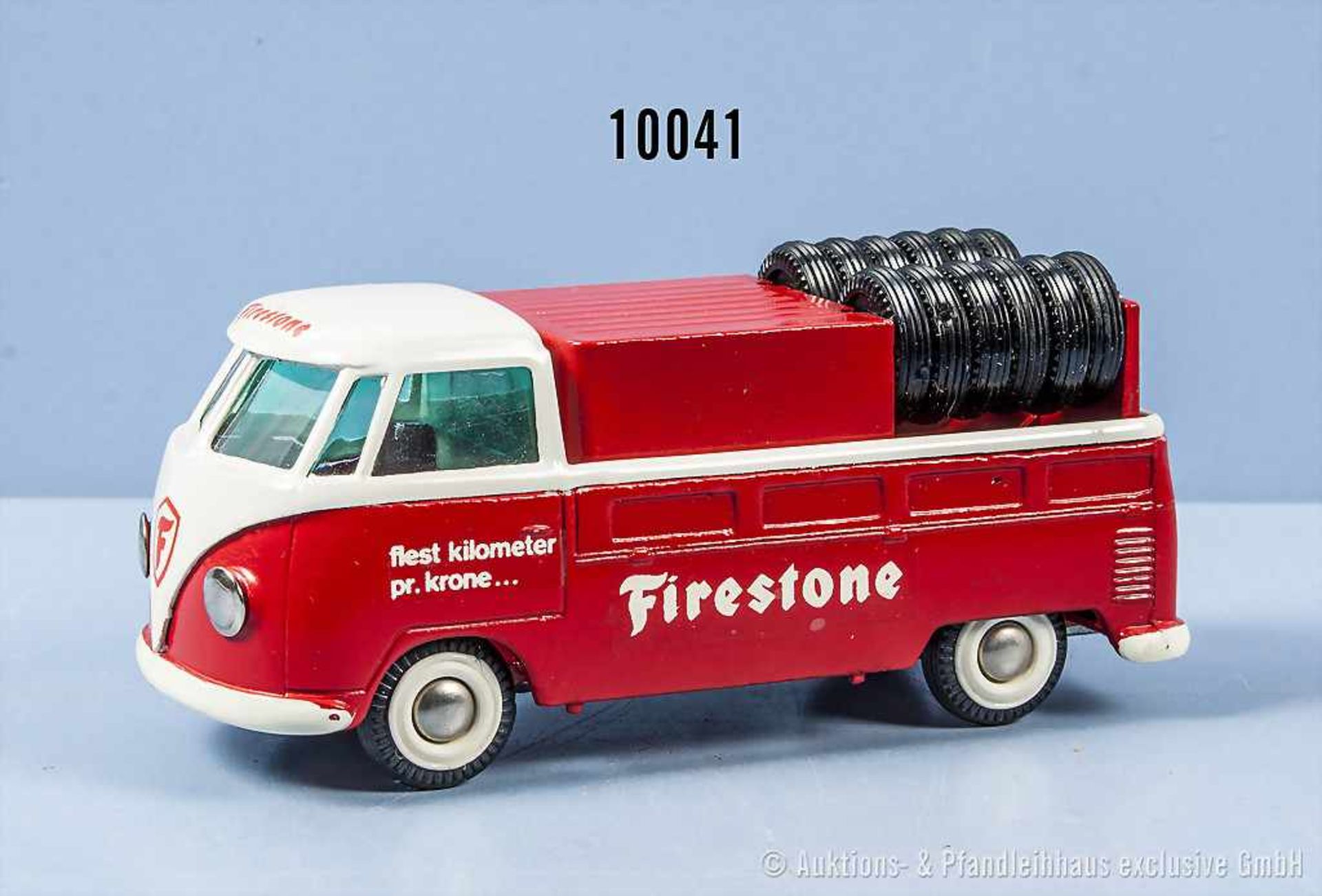 Tekno VW-Pritschenbus "Firestone", lack. Metallgußausf., M 1:43, gummibereift, sehr guter