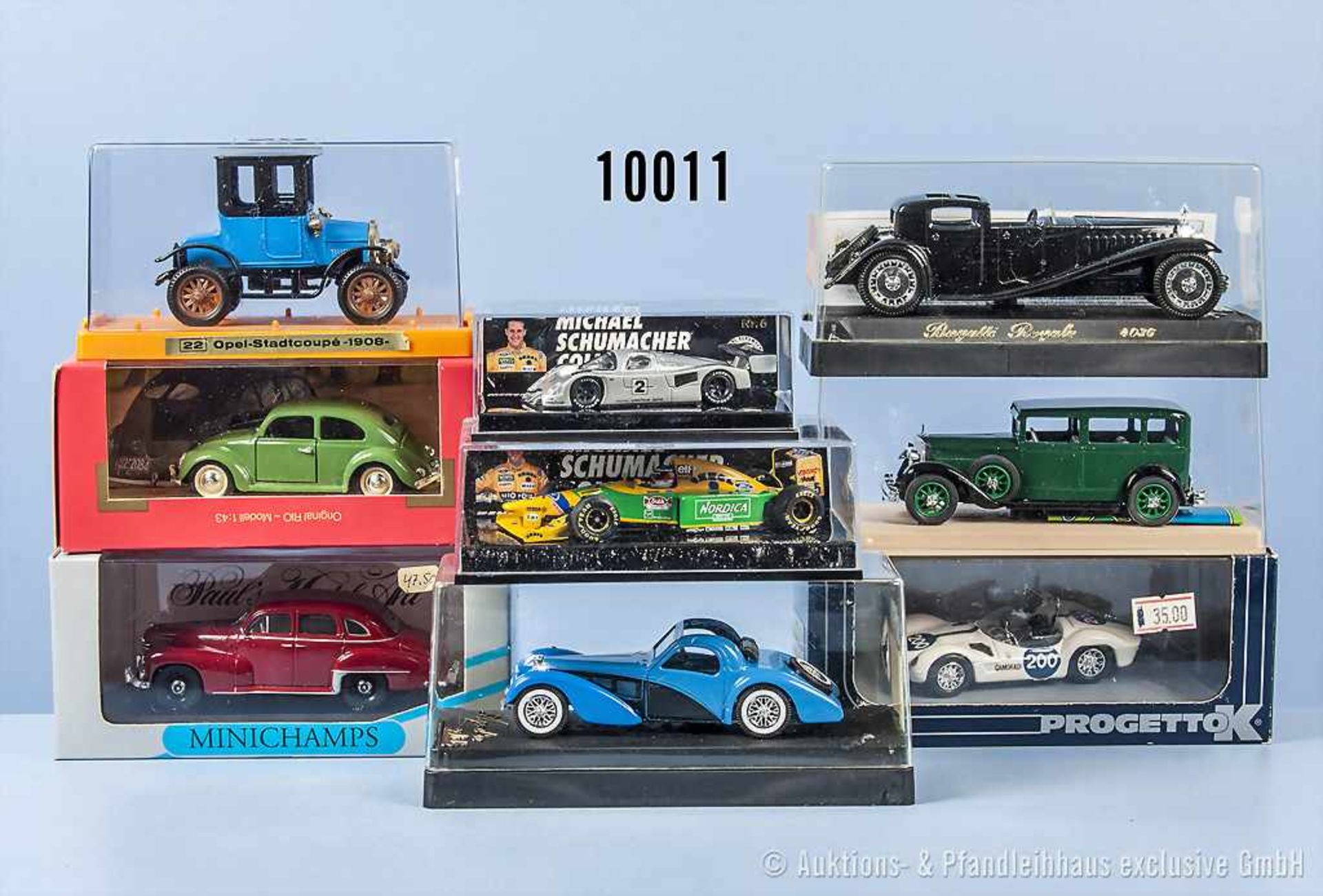 Konv. 9 Modellfahrzeuge, Oldtimer, Sportwagen und Rennwagen, lack. Metallausf., überwiegend M 1: