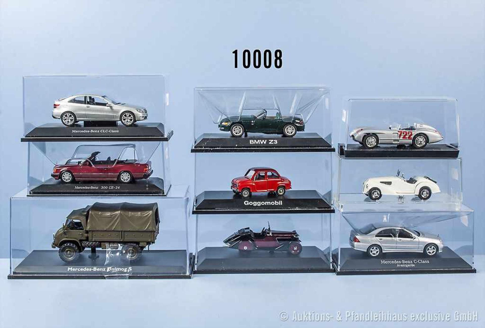 Konv. 9 Modellfahrzeuge, dabei Pkw, Oldtimer, Sportwagen und Unimog, lack. Metallgußausf., M 1:43,