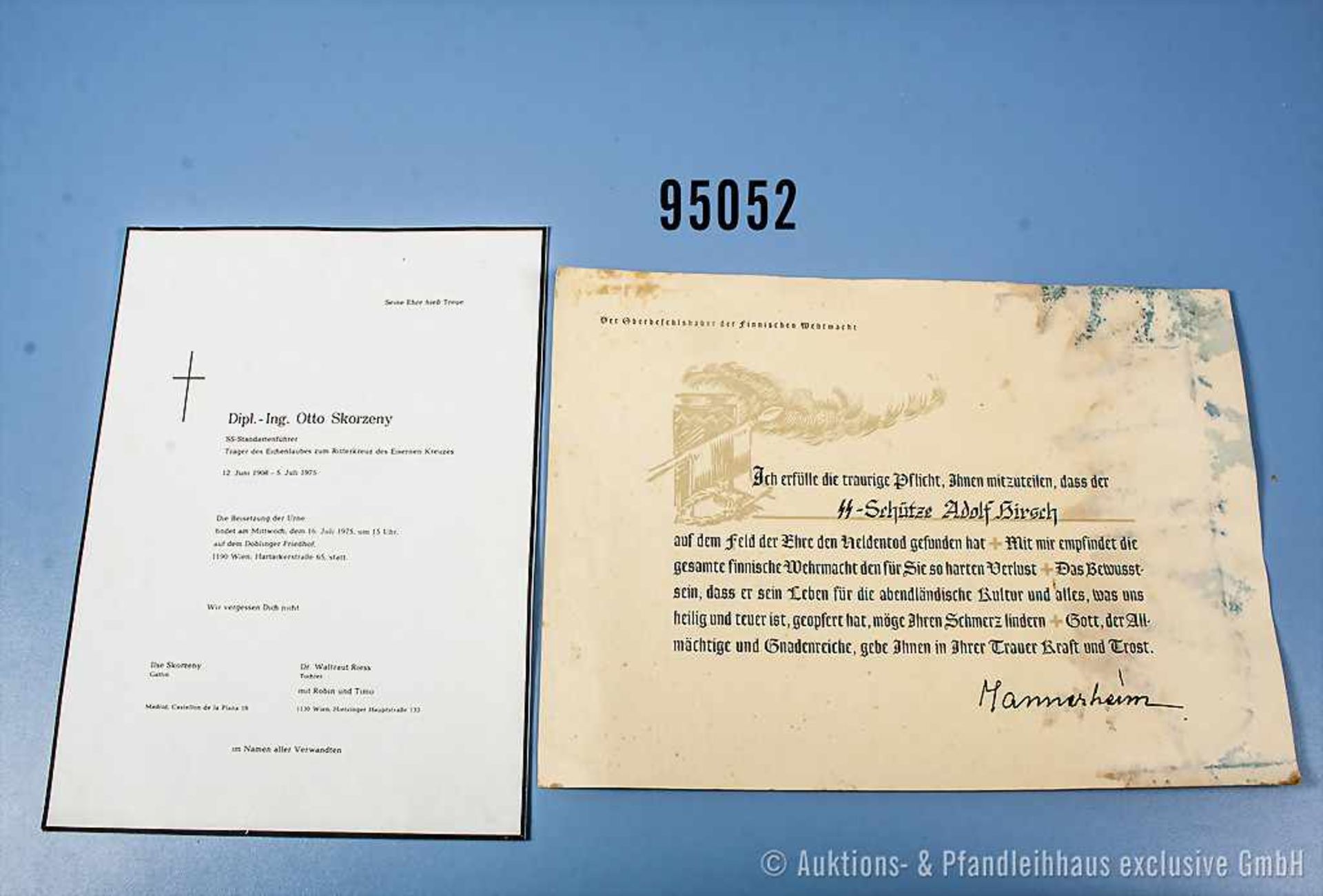 Konv. Gefallenen-Urkunde eines SS-Schützen sowie Todesanzeige des Eichenlaubträgers Otto Skorzeny,