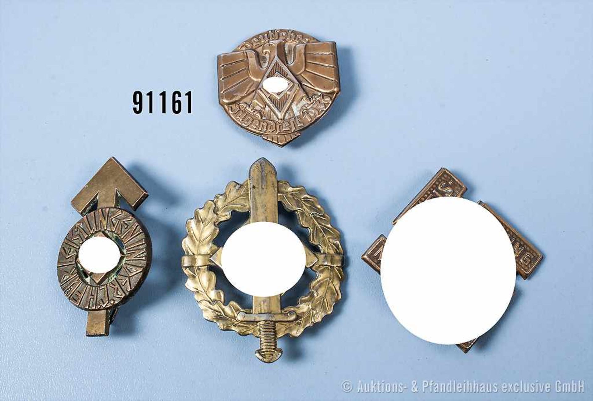 Konv. SA-Sportabzeichen in Bronze, HJ-Leistungsabzeichen (Nadel abgebrochen) sowie 2