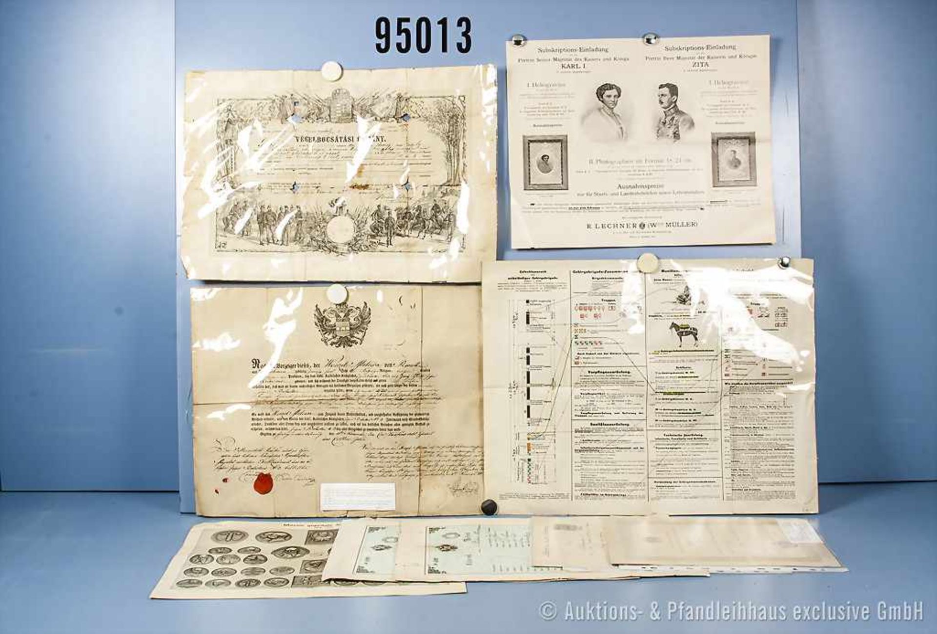 Konv. überwiegend großformatige Dokumente und Tafeln, u.a. Entlassungsschein 1879 vom k.u.k.
