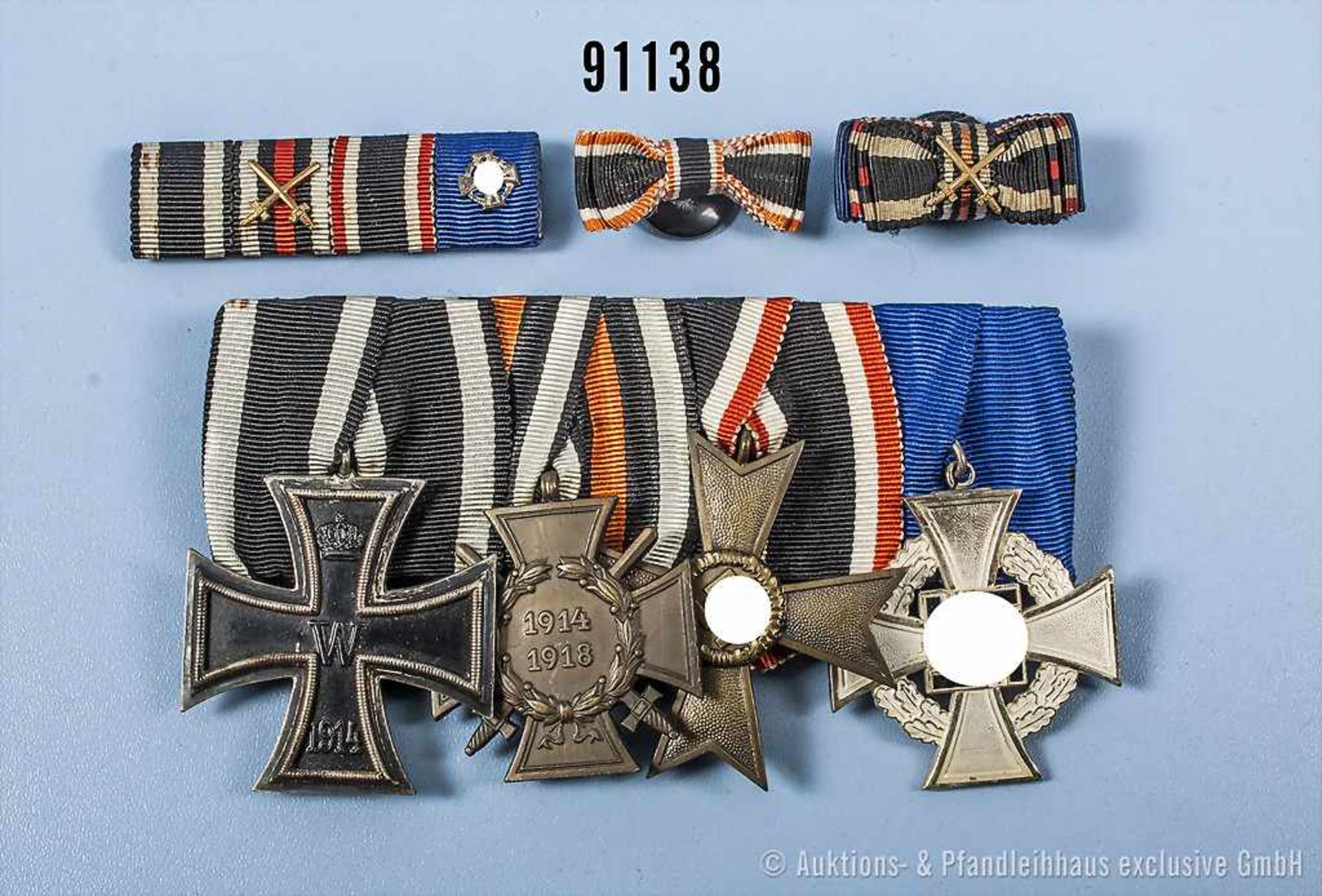 Konv. 4er Ordensspange, EK 2 1914, EKF, KVK 2. Klasse ohne Schwerter, Treuedienst-Ehrenzeichen für