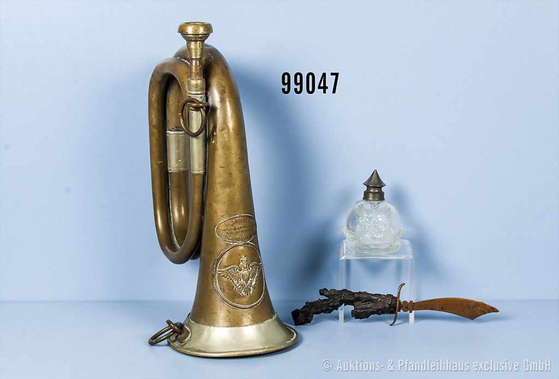 Konv. Preußen Signalhorn Modell 1889, Hersteller "Max Weller & Co Siebenbrunn", L ca. 28 cm,