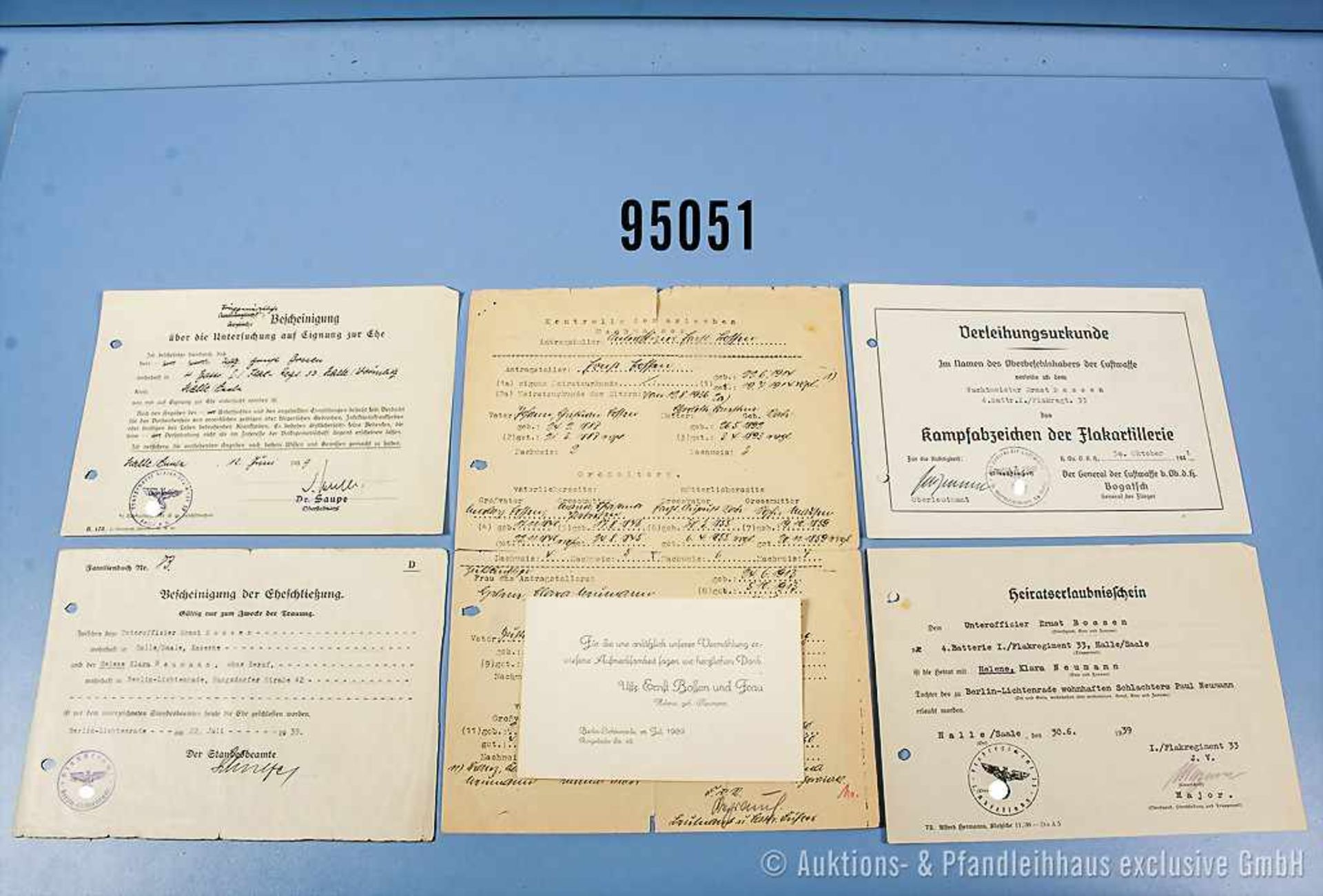 Dokumentennachlass eines Wachtmeisters im Flak-Regiment 33, versch. Dokumente zur Eheschließung