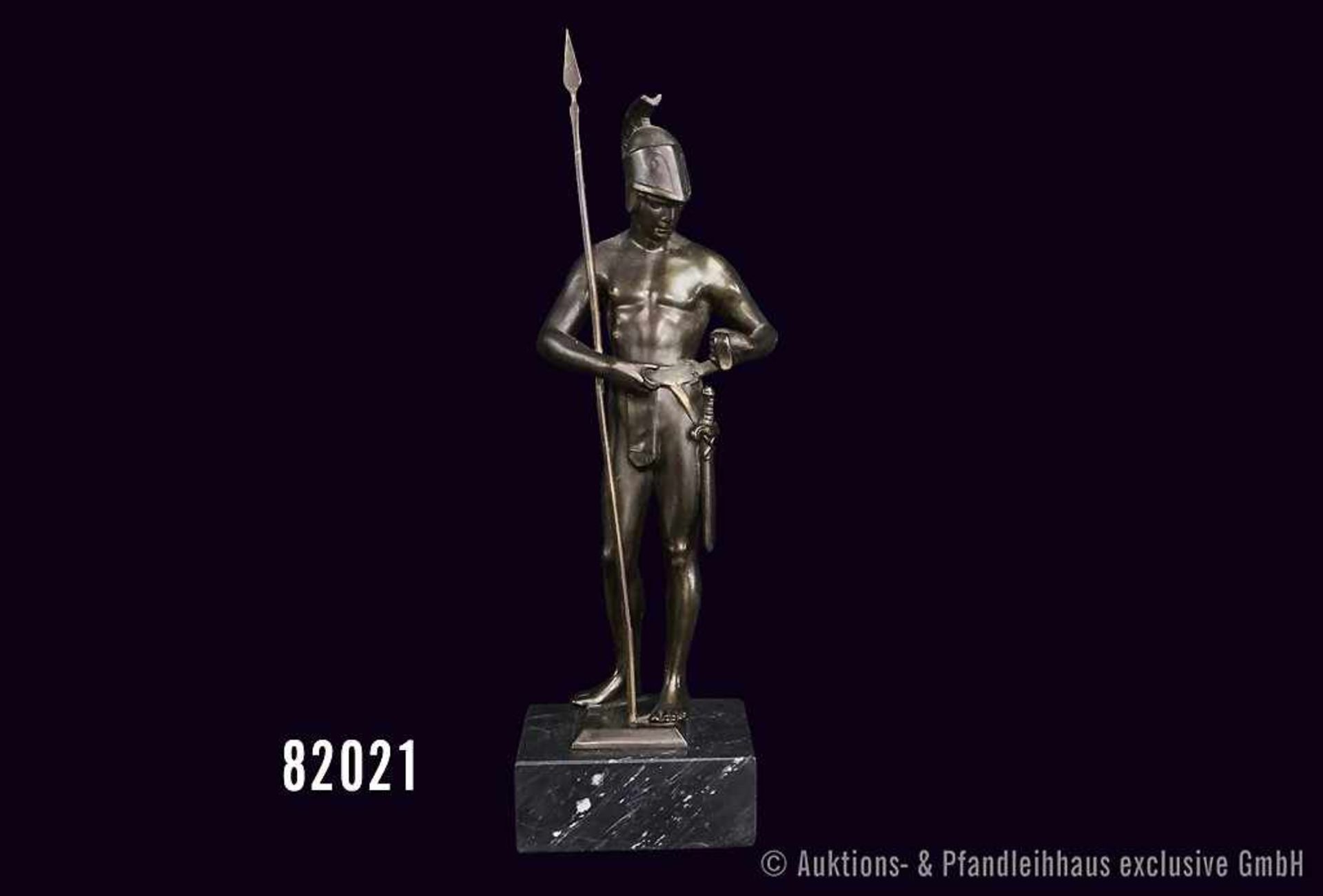 Bronze Figur Kriegsgott Mars, auf Steinsockel, mit Lanze und Schwert, Gesamthöhe 26 cm, Lanze vom