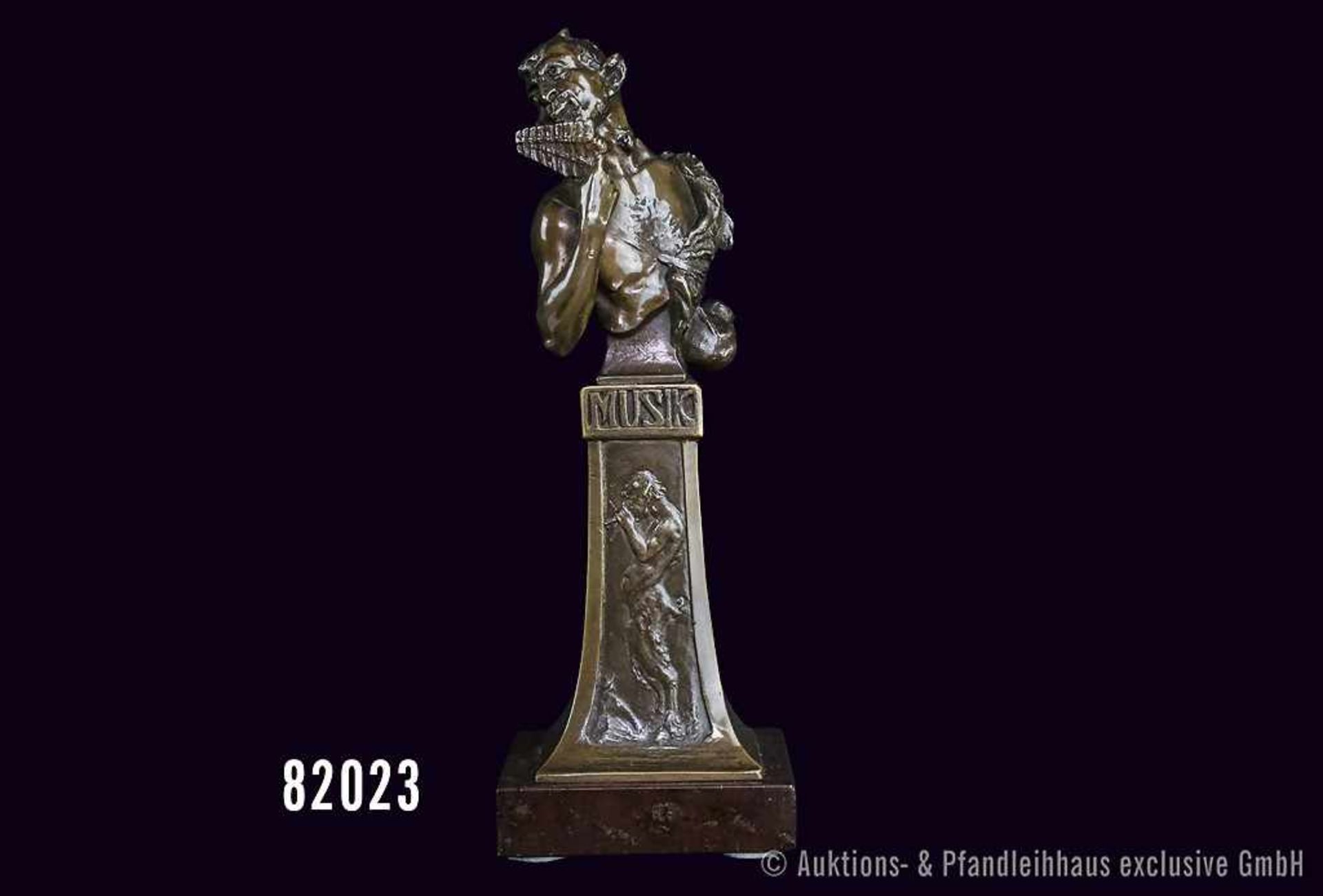 Bronze Büste "Faun", Panflöte spielend mit umhängender Weinflasche, auf Bronze-Sockel "Musik",