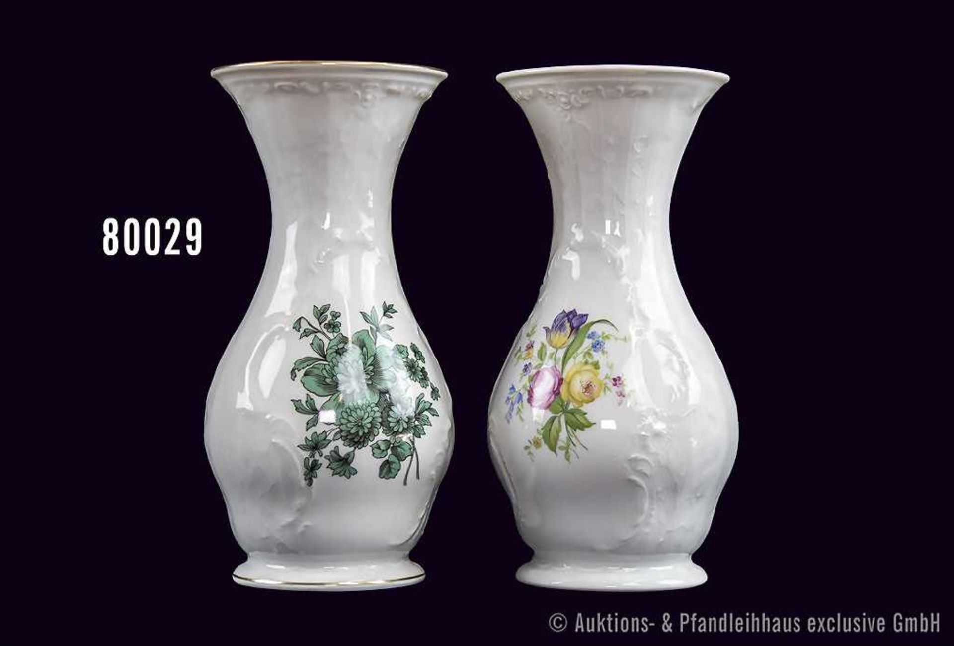 Konv. 2 Rosenthal Porzellan Vasen, classic-rose, Serie Sanssouci, Dekor deutsche Blume, H 17 cm,