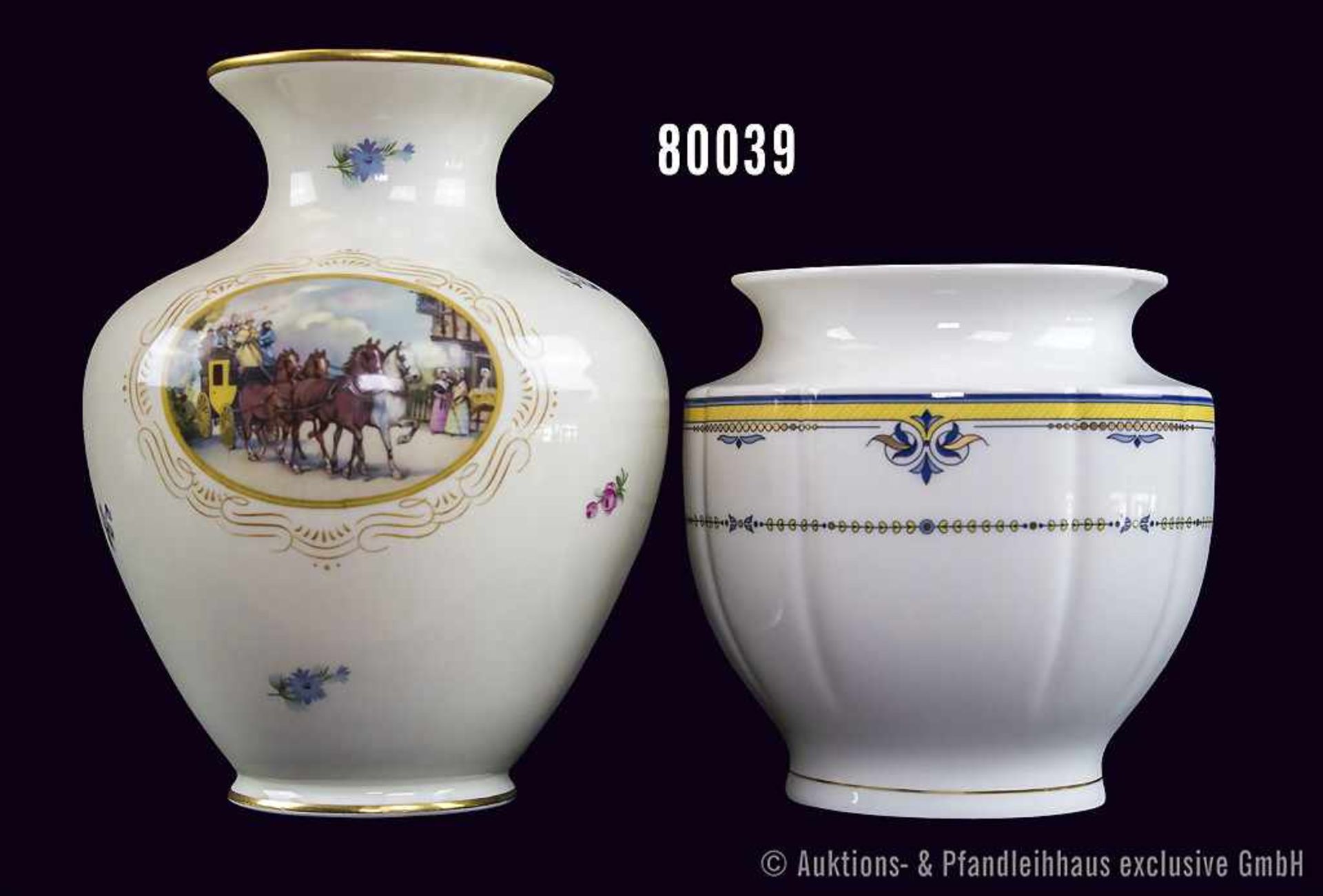 Konv. 2 Rosenthal Porzellan Vasen, 1 x Serie Grace, Dekor Parisienne, Pearl China, H 15 cm sowie