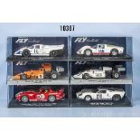 Konv. 6 Flycar Model Rennwagen, dabei Porsche, Dodge Viper, Ford GT und March, M 1:32, sehr guter