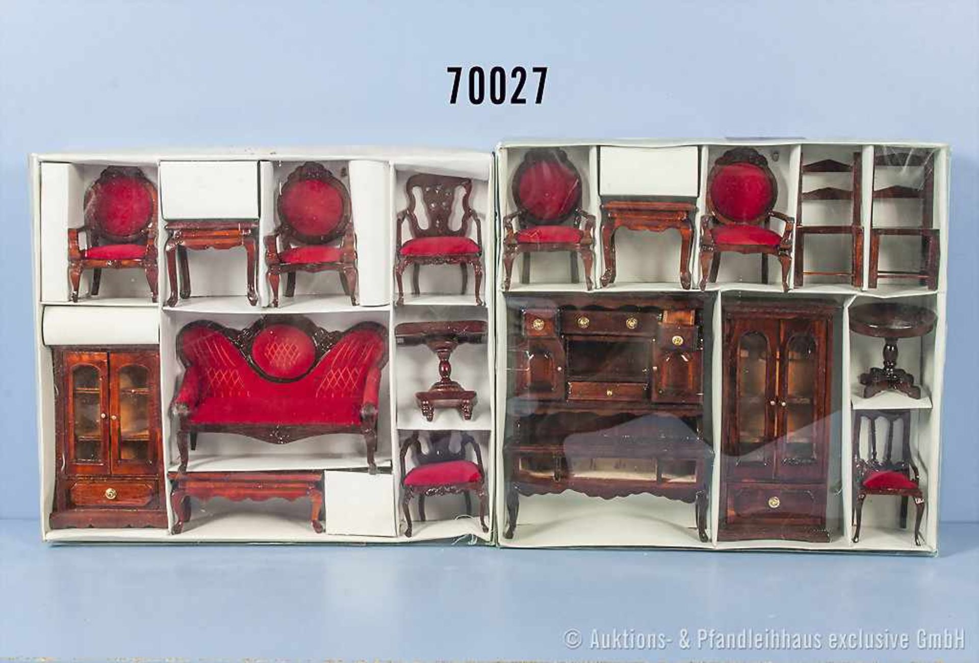 Konv. diverse Puppenstuben-Wohnzimmermöbel, dabei Stühle, Schränke, Tische, Sofa usw., H bis 16