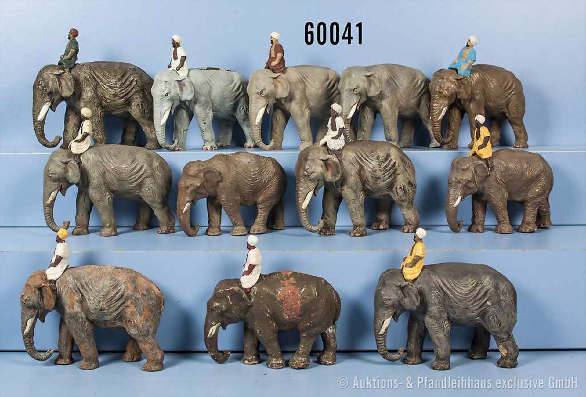 Konv. 12 Elefanten und 10 Mahouds, teilweise versch. Darstellungen, h. M., H bis 12 cm, teilweise