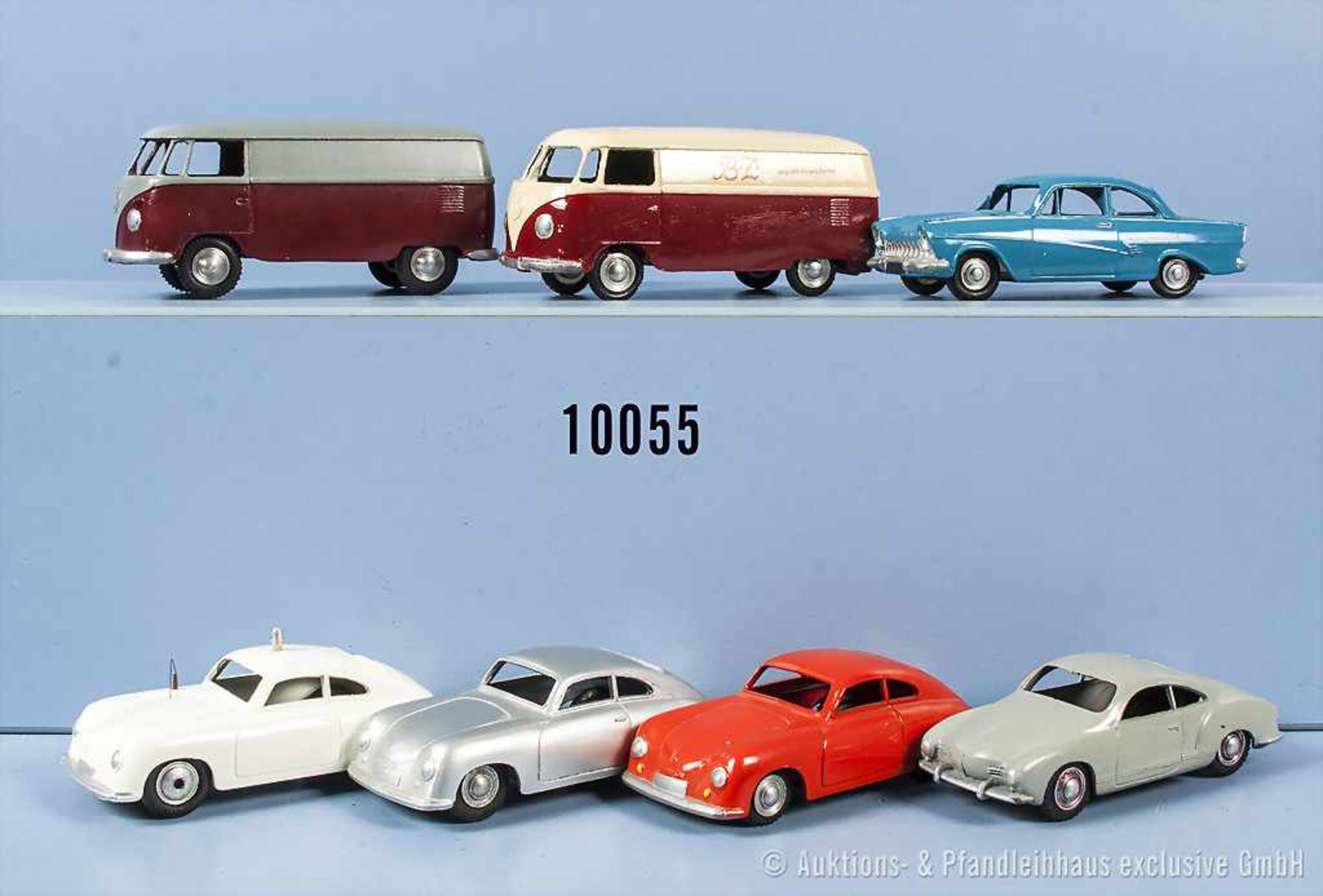 Konv. 7 Märklin Fahrzeuge, dabei 3 x Porsche (Farbvarianten), Kamann Ghia Coupe, Taunus 17 M de Luxe