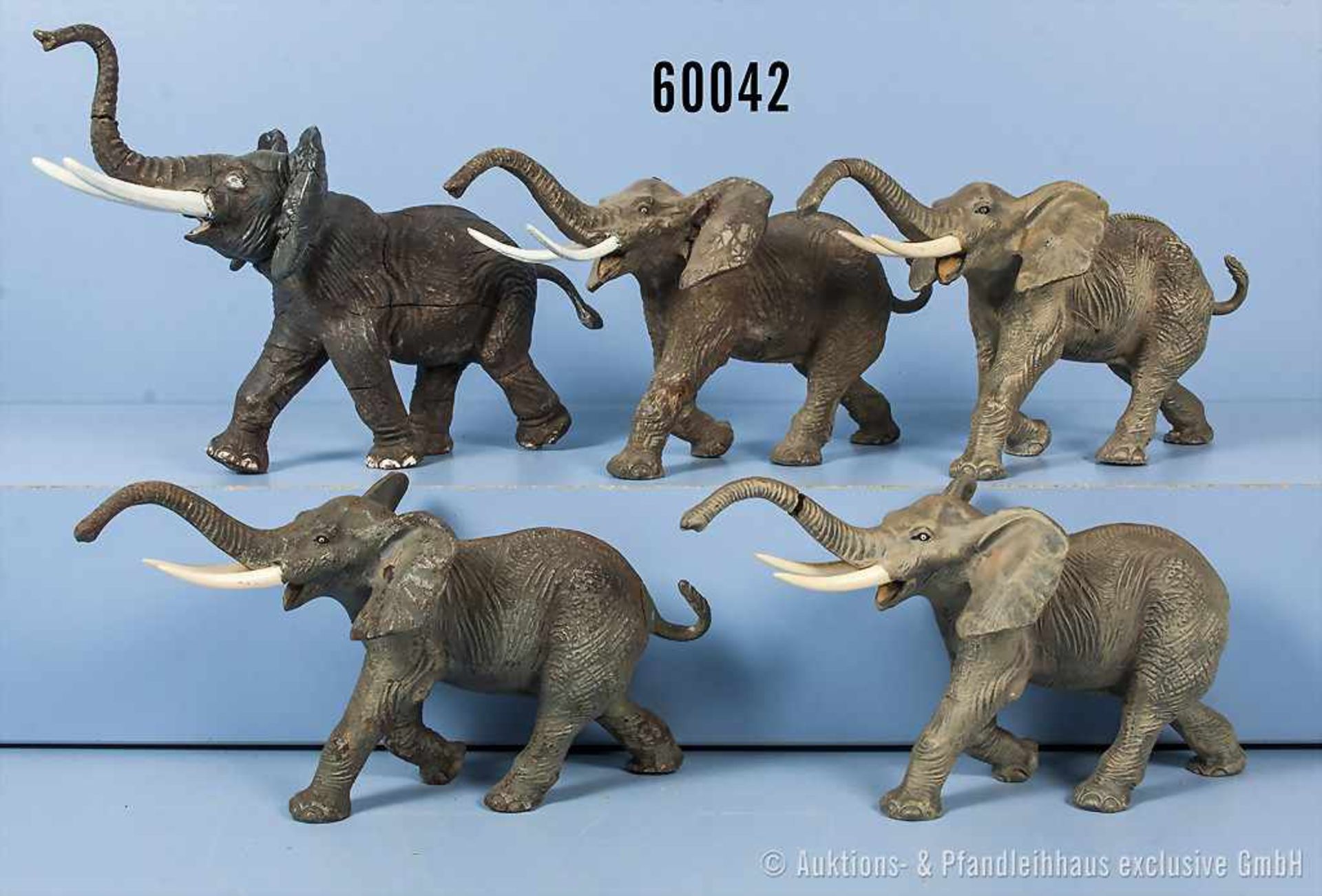 Konv. 5 Lineol wilde afrikanische Elefanten, h. M., H bis 14 cm, bespielt mit teilweise stärkerer