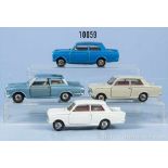 Konv. 4 Dinky Toys Fahrzeuge, 3 x 136 Vauxhall Viva (Farbvarianten) und 139 Ford Cortina,